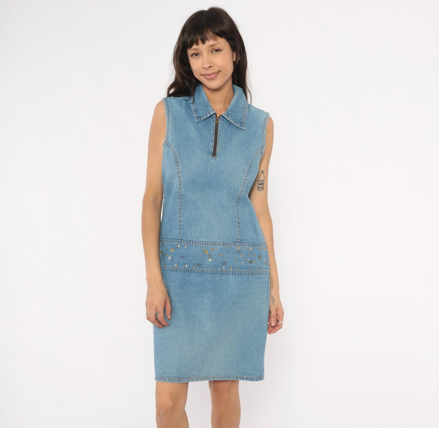 2000s Metrostyle Denim Mini Dress Sleeveless Collared Blue Chambray Sequin Medium