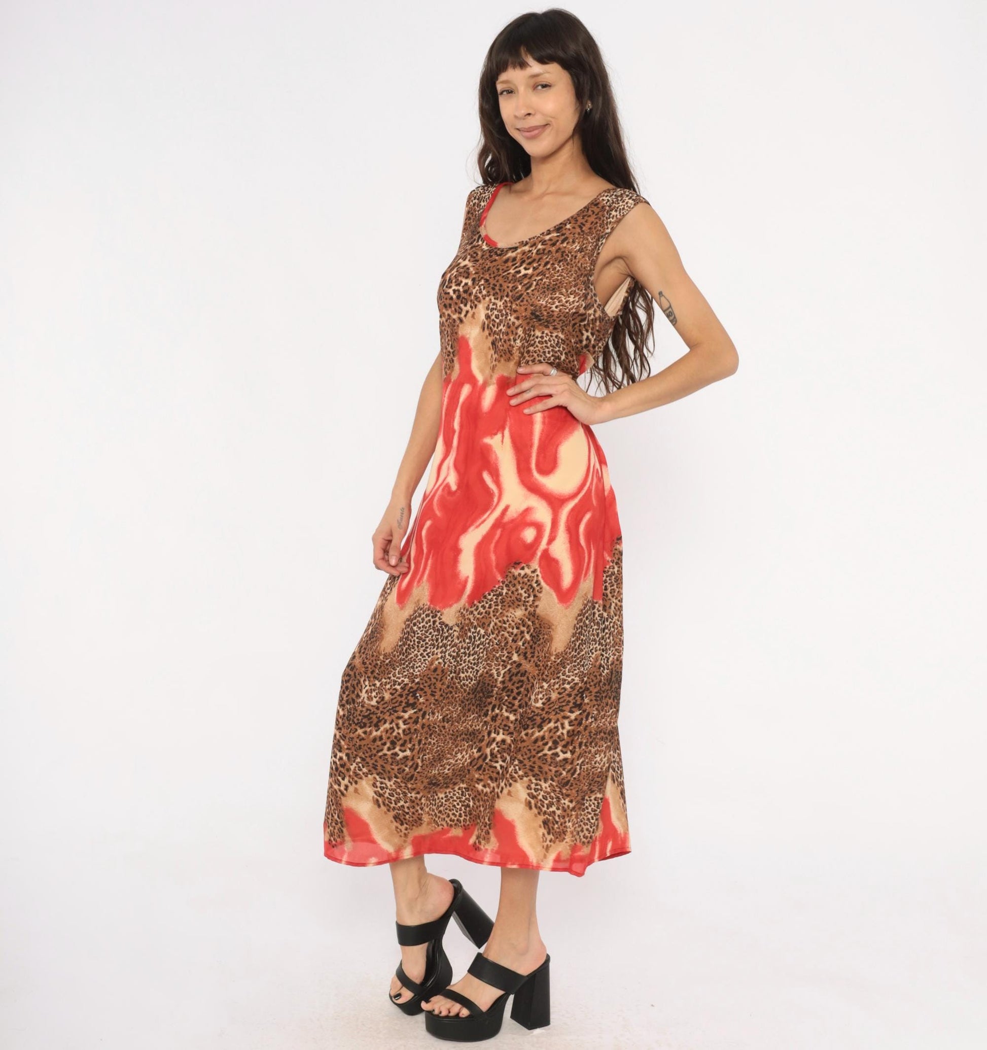 90s Leopard Flame Print Maxi Dress Sleeveless Scoop Neck Chiffon Tie Back XXL