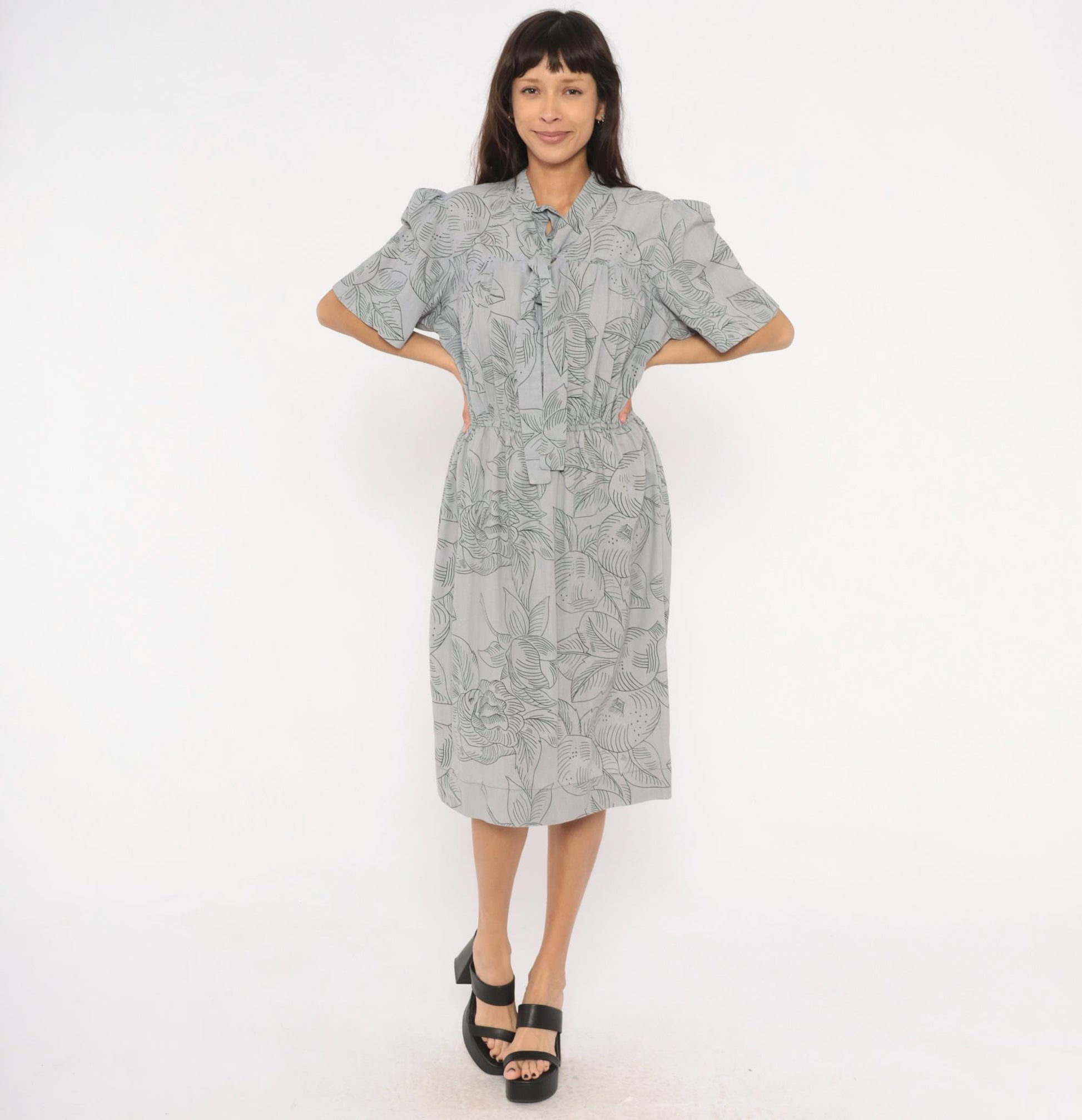 80s Botanical Leaf Print Grey Cotton Tie Neck Dress Puff Sleeve Small Medium