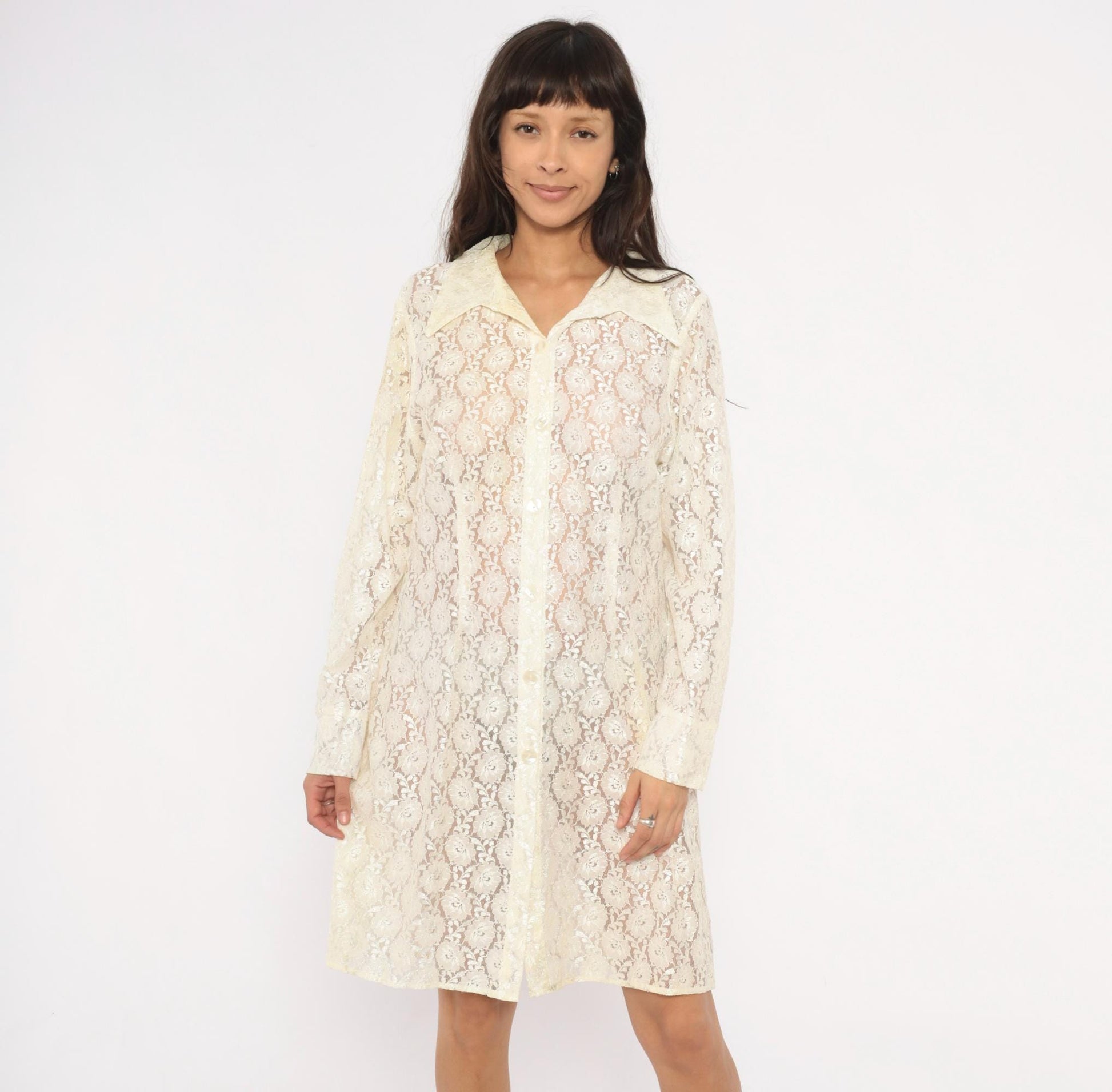 90s Deparis Cream Floral Lace Shirt Dress Knee Length Collared Large