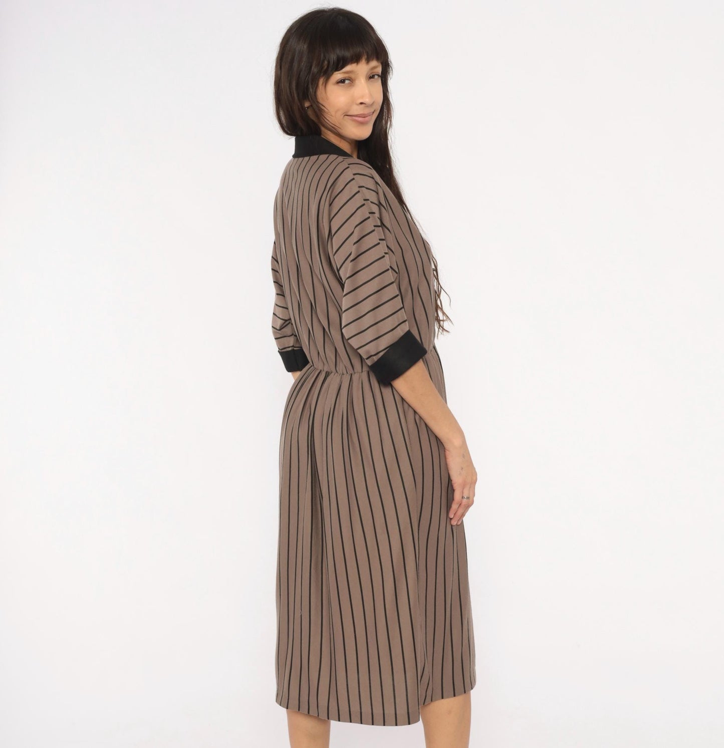 80s Studio Petites Striped Wrap Midi Dress Taupe Black Notched Collar Petite 14P