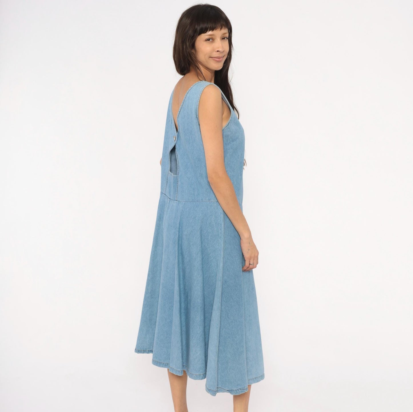 90s Splendid Light Blue Denim Midi Sundress Open Back Medium M