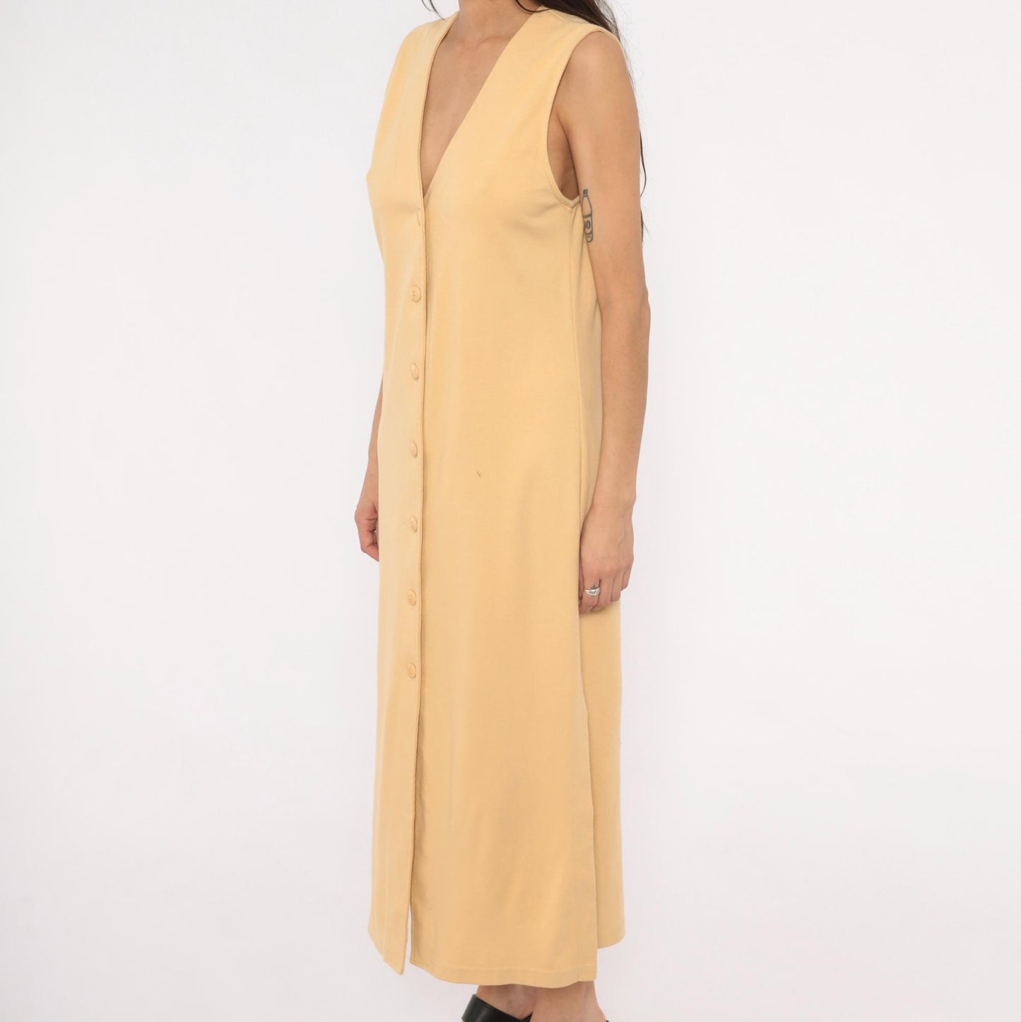 90s Weekenders Tan Maxi Dress Sleeveless V Neck Button Front Small