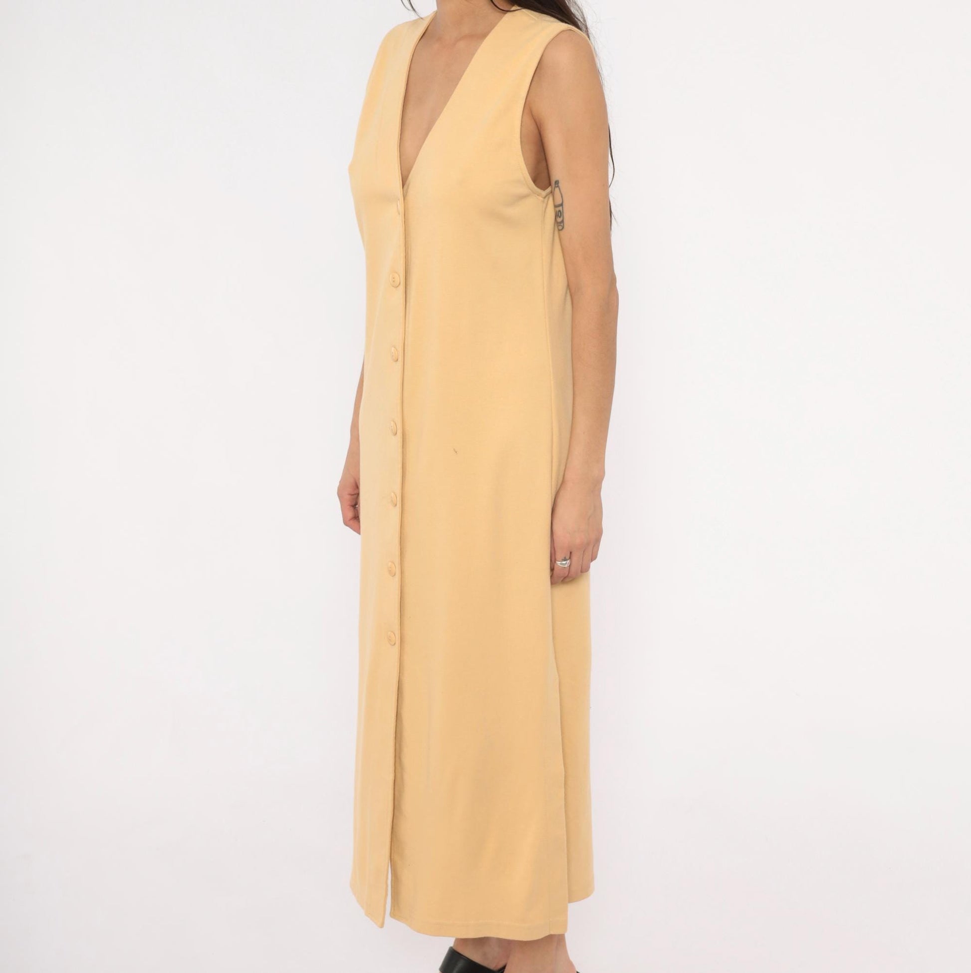 90s Weekenders Tan Maxi Dress Sleeveless V Neck Button Front Small
