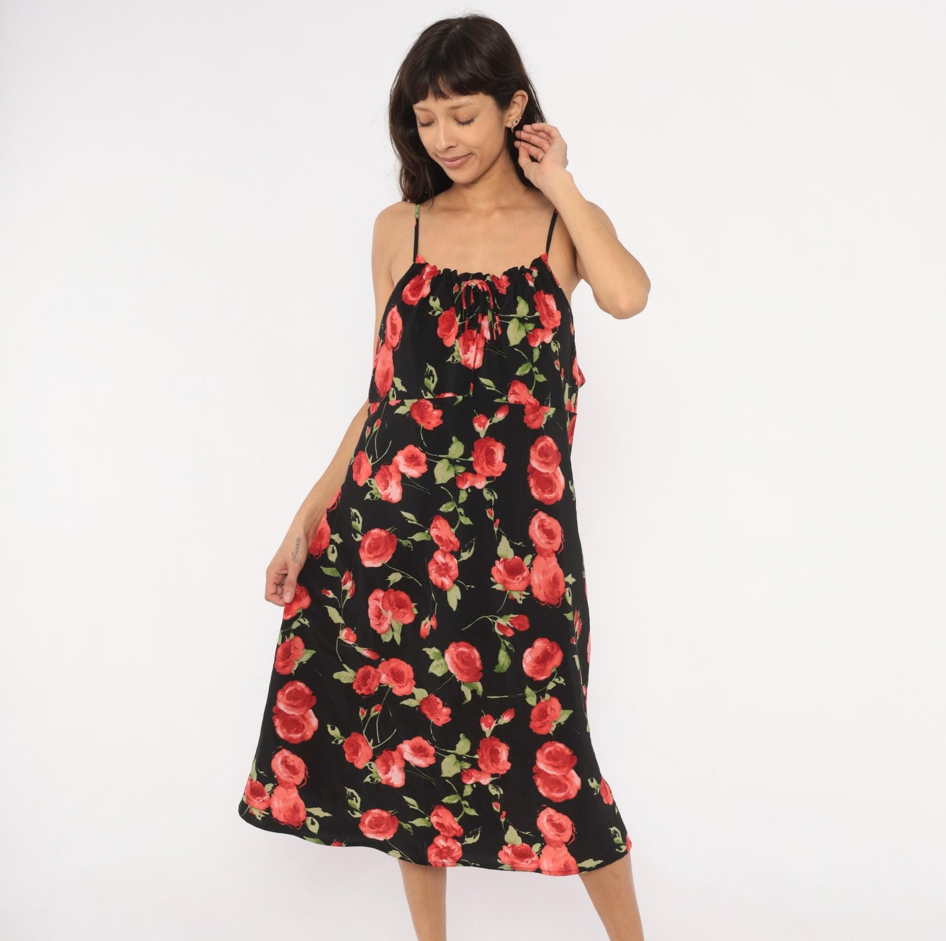 90s Chesley Rose Print Slip Dress Black Midi Spaghetti Strap Open Back Extra Large