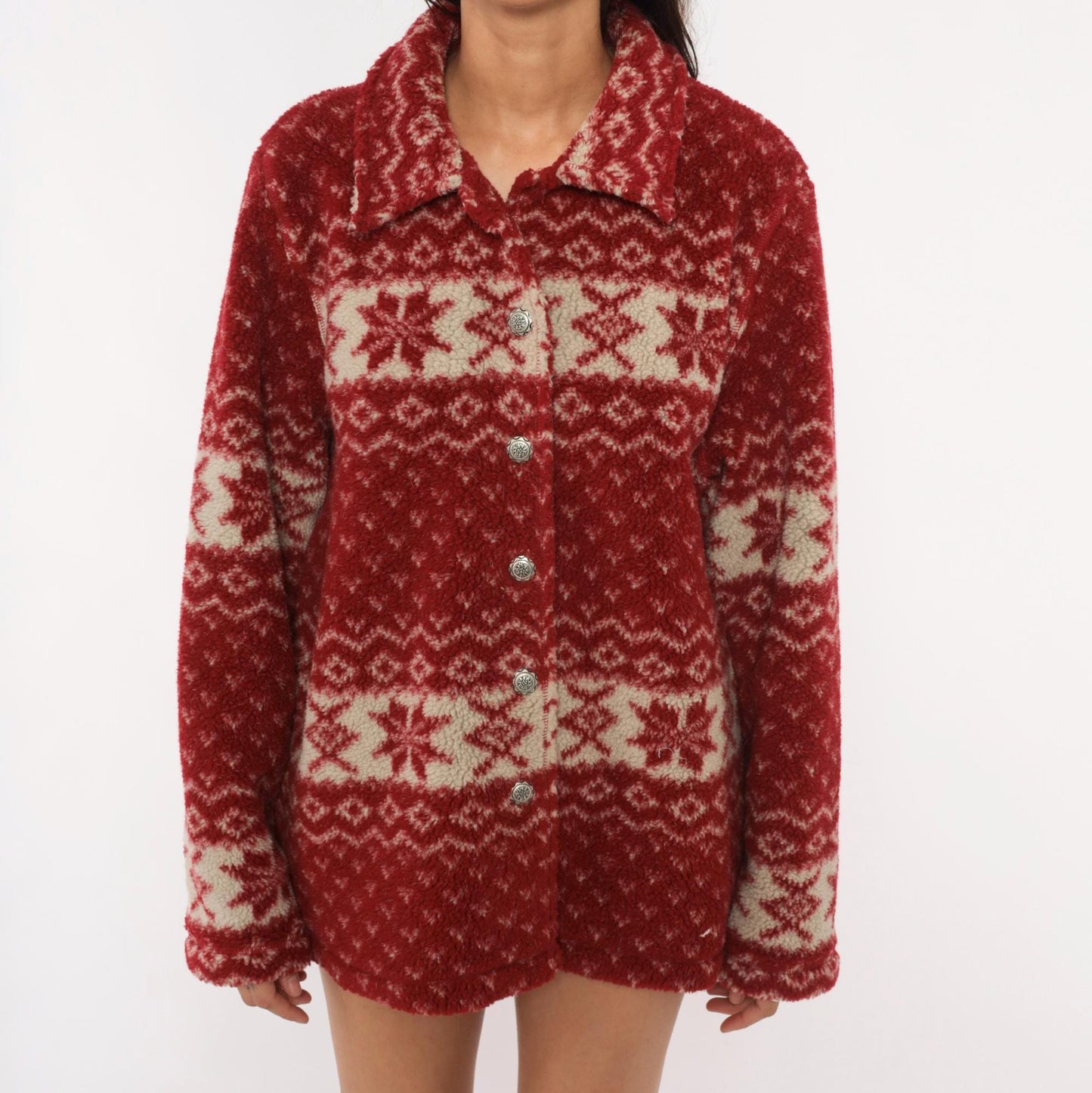 90s White Stag Nordic Fleece Shacket Cranberry Snowflake Fair Isle Large L