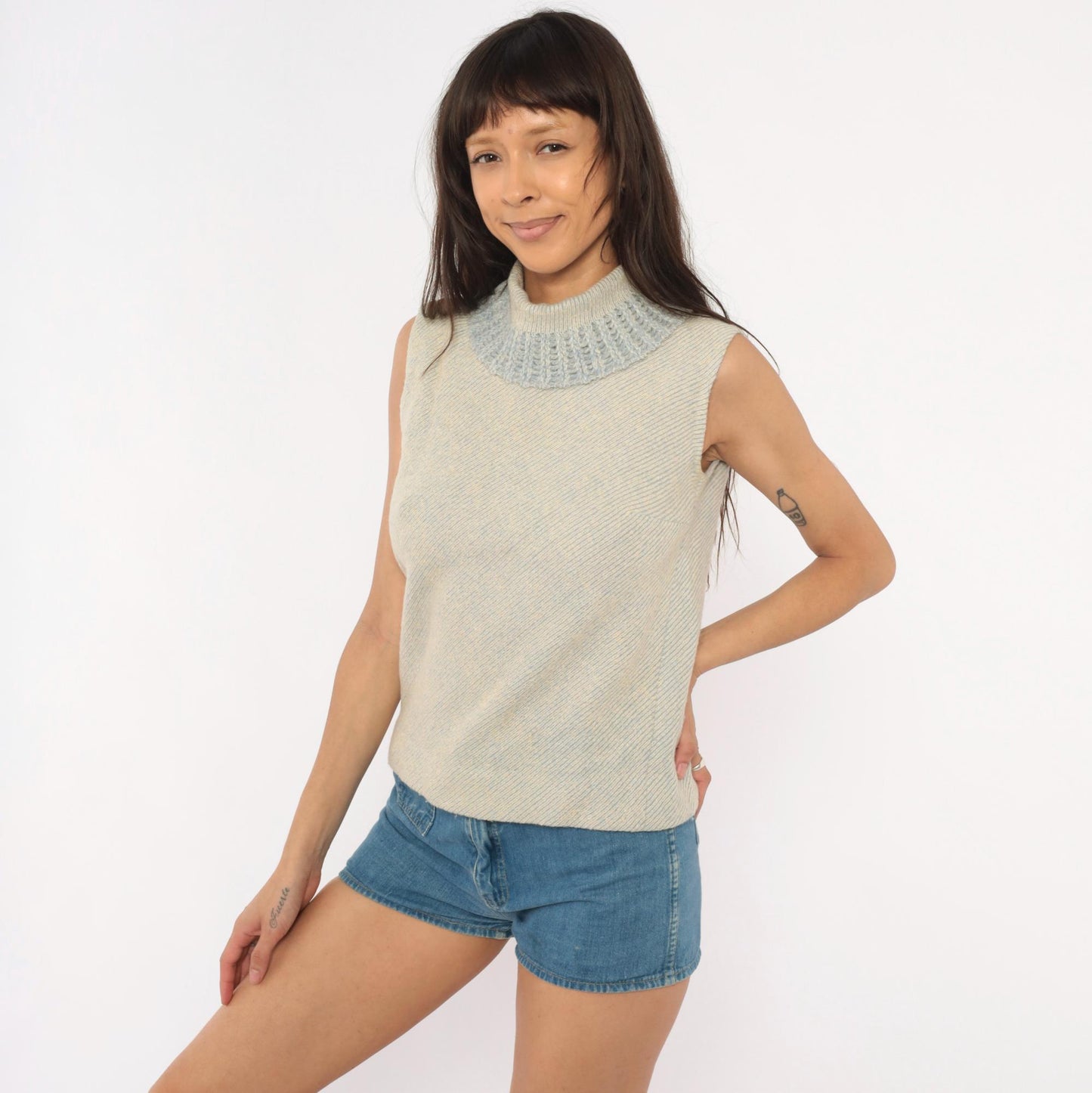 60s Gino Faves Wool Sleeveless Knit Vest Mock Neck Grey Cream Small S