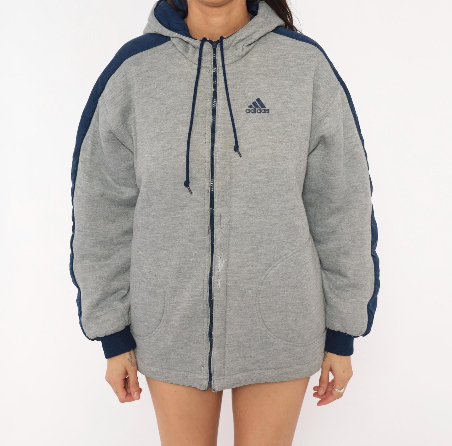 90s Adidas Reversible Windbreaker Hoodie Navy Grey Three Stripe Jacket Large L
