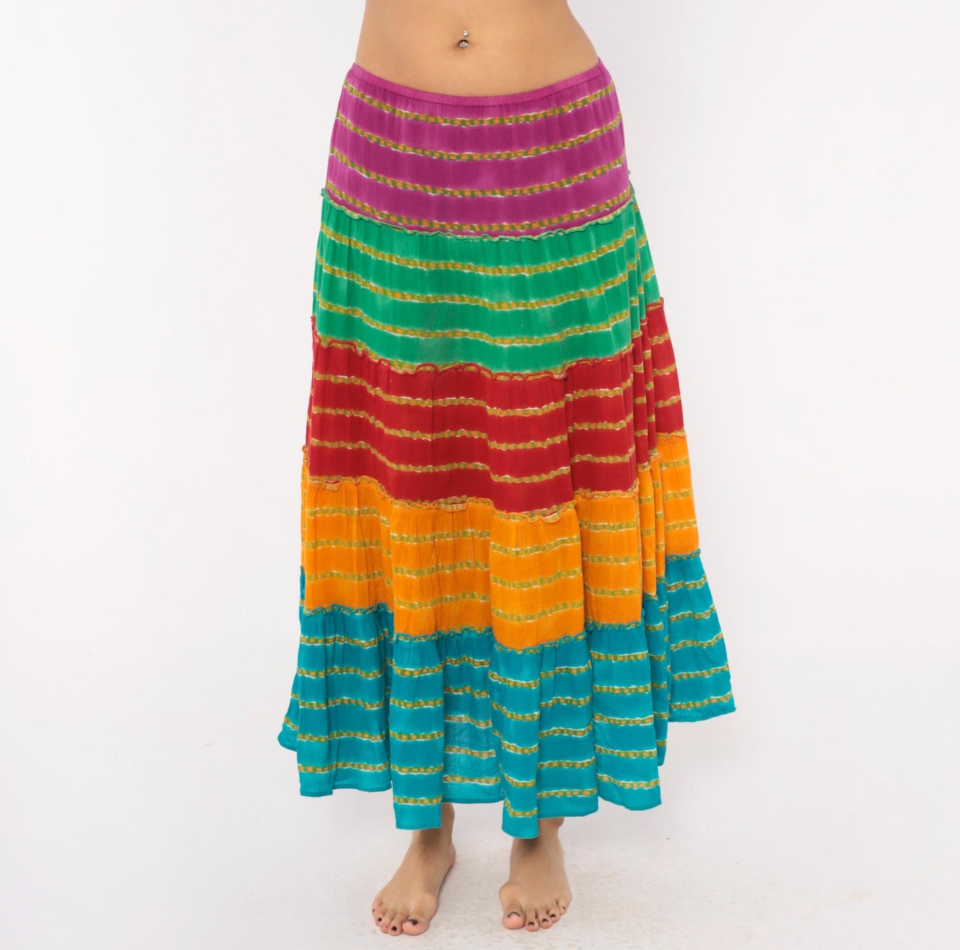 90s Rainbow Broomstick Maxi Skirt Tiered Striped Cotton Crinkled Extra Large XL
