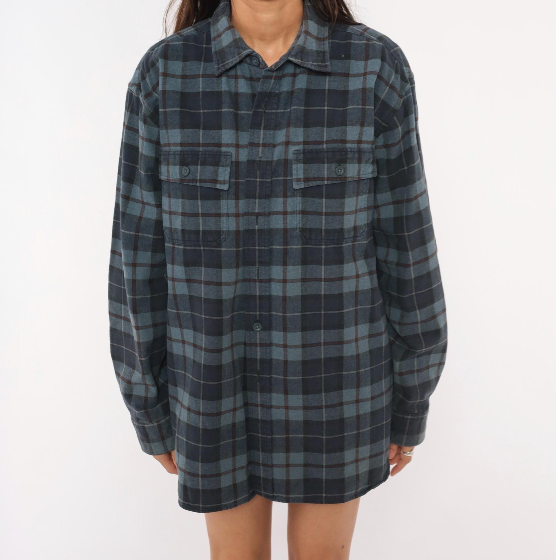 L.L.Bean 2000s Plaid Flannel Shirt Navy Burgundy Cotton Large