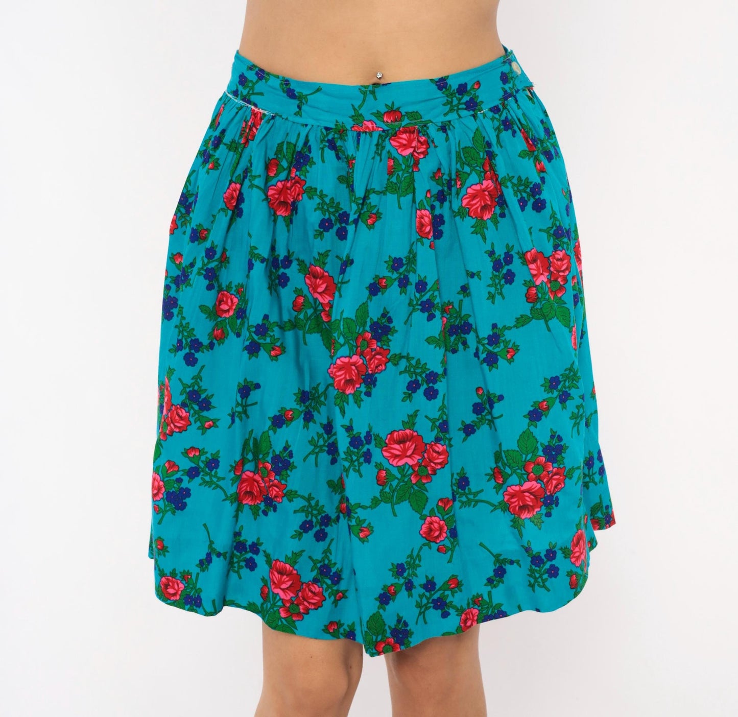 70s Teal Floral Cotton Mini Skirt High-Waisted A-Line Button Back Small S