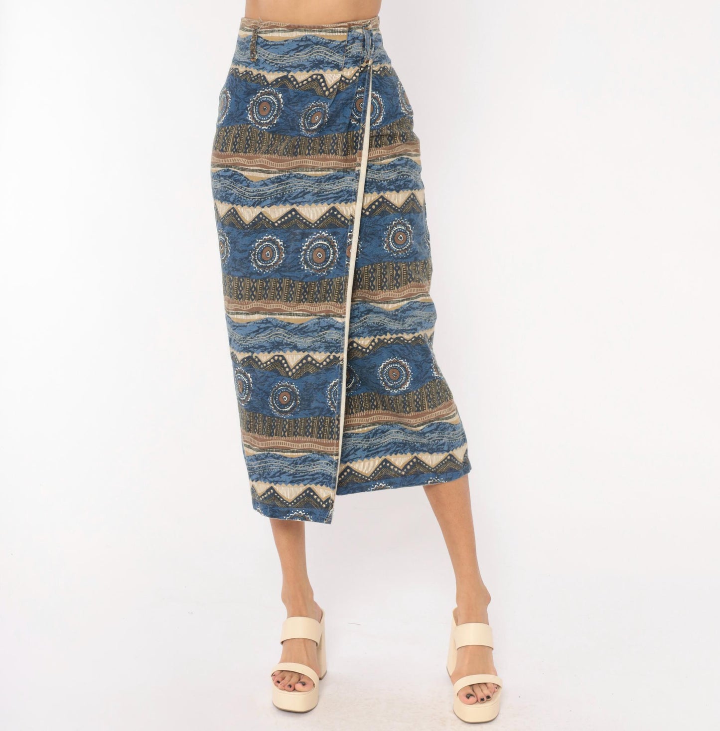 90s Southwestern Tribal Midi Skirt Blue Cream Cotton High Waist Wrap Small