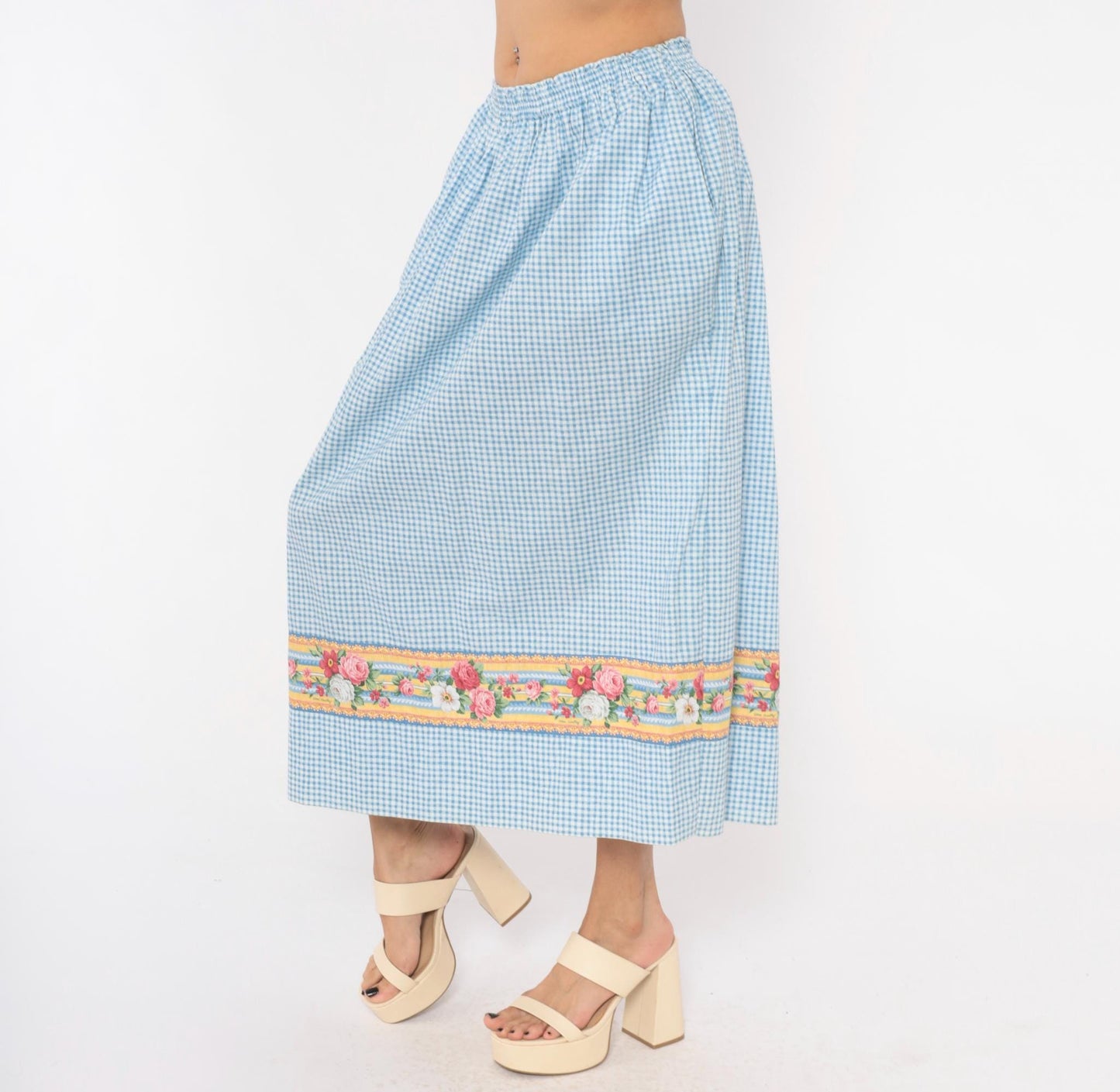 80s Vera Bradley Gingham Cotton Maxi Skirt Blue White Floral Border Small Medium