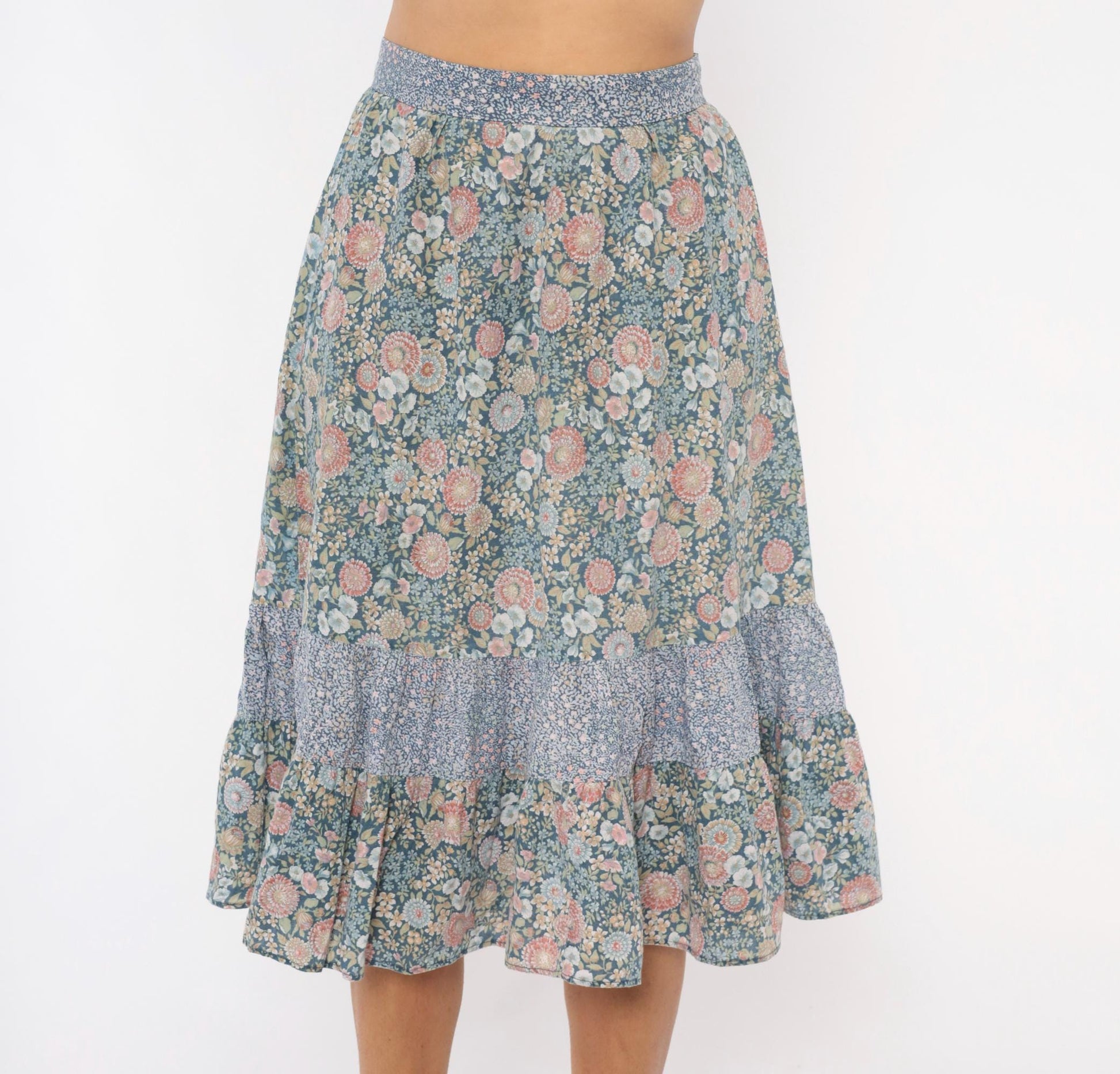 70s Floral Prairie Skirt Cotton Tiered Ruffle Dusty Blue Pink Extra Small XS