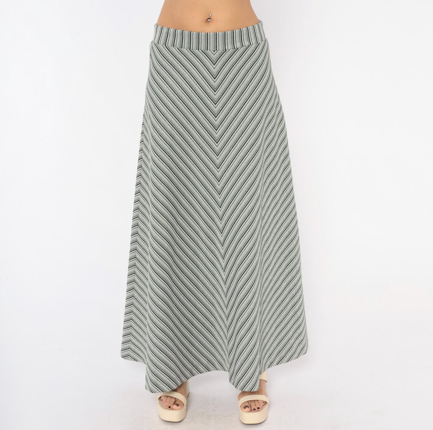 70s Grey Black Chevron Striped Maxi Skirt Herringbone A-Line Medium