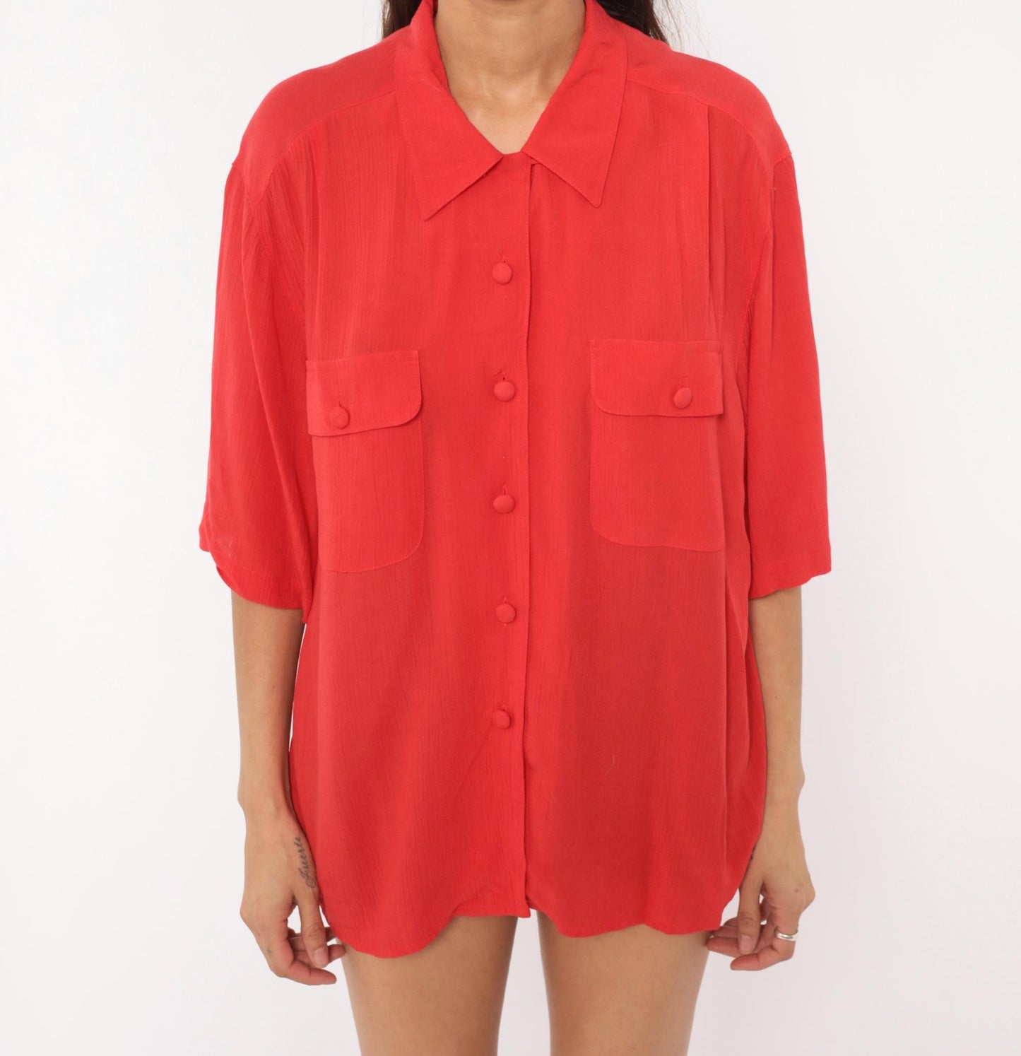 90s Sk&Company Red Cotton Camp Shirt Button Front Collared Large L