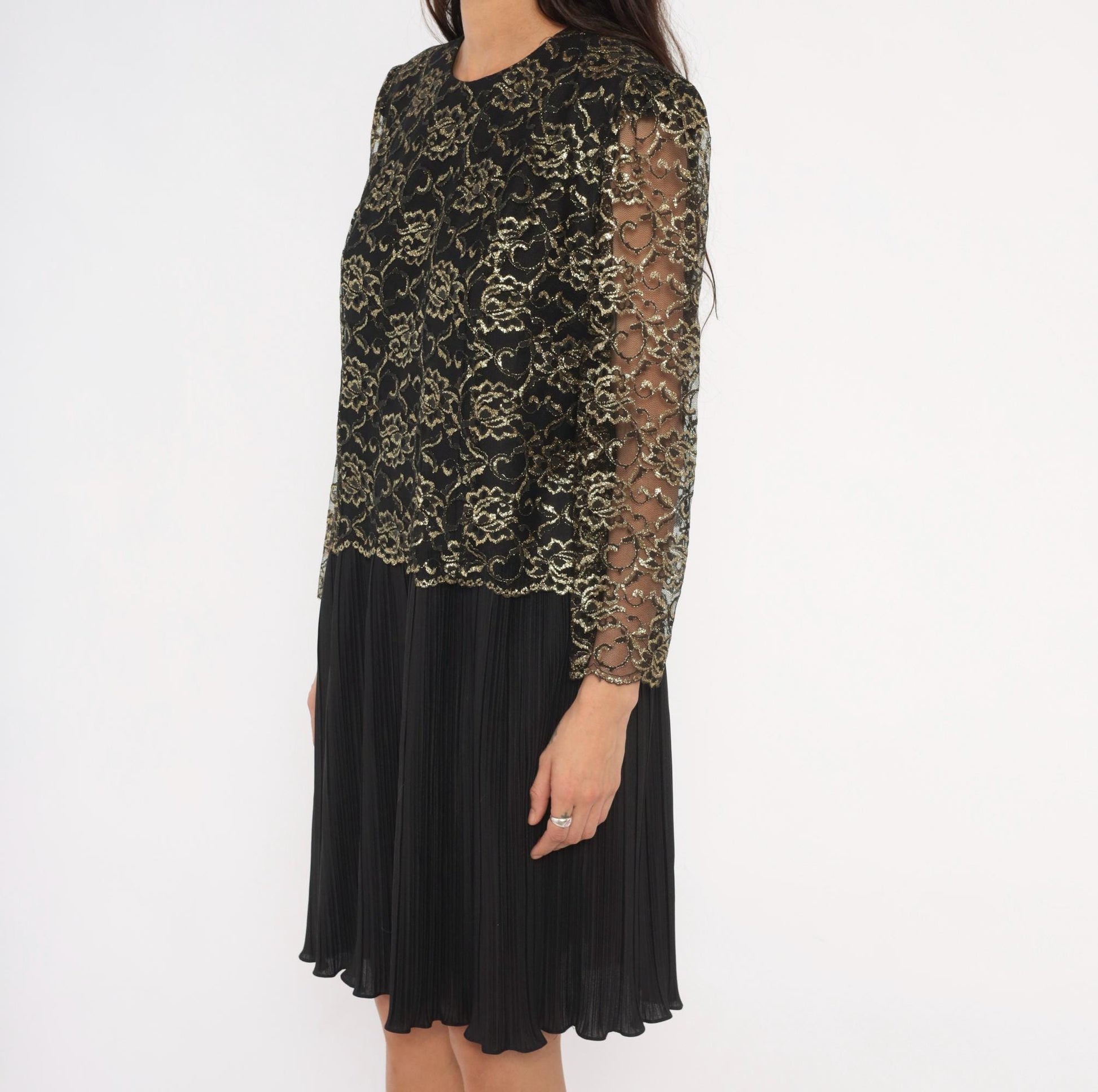 90s Good Times Black Gold Lace Overlay Dress Pleated Skirt Drop Waist Large L