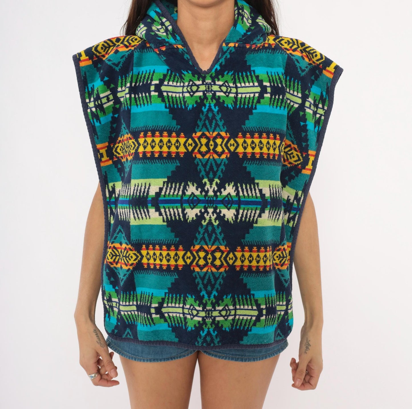 90s Pendleton Hooded Poncho Southwestern Geometric Print Cotton Small Medium