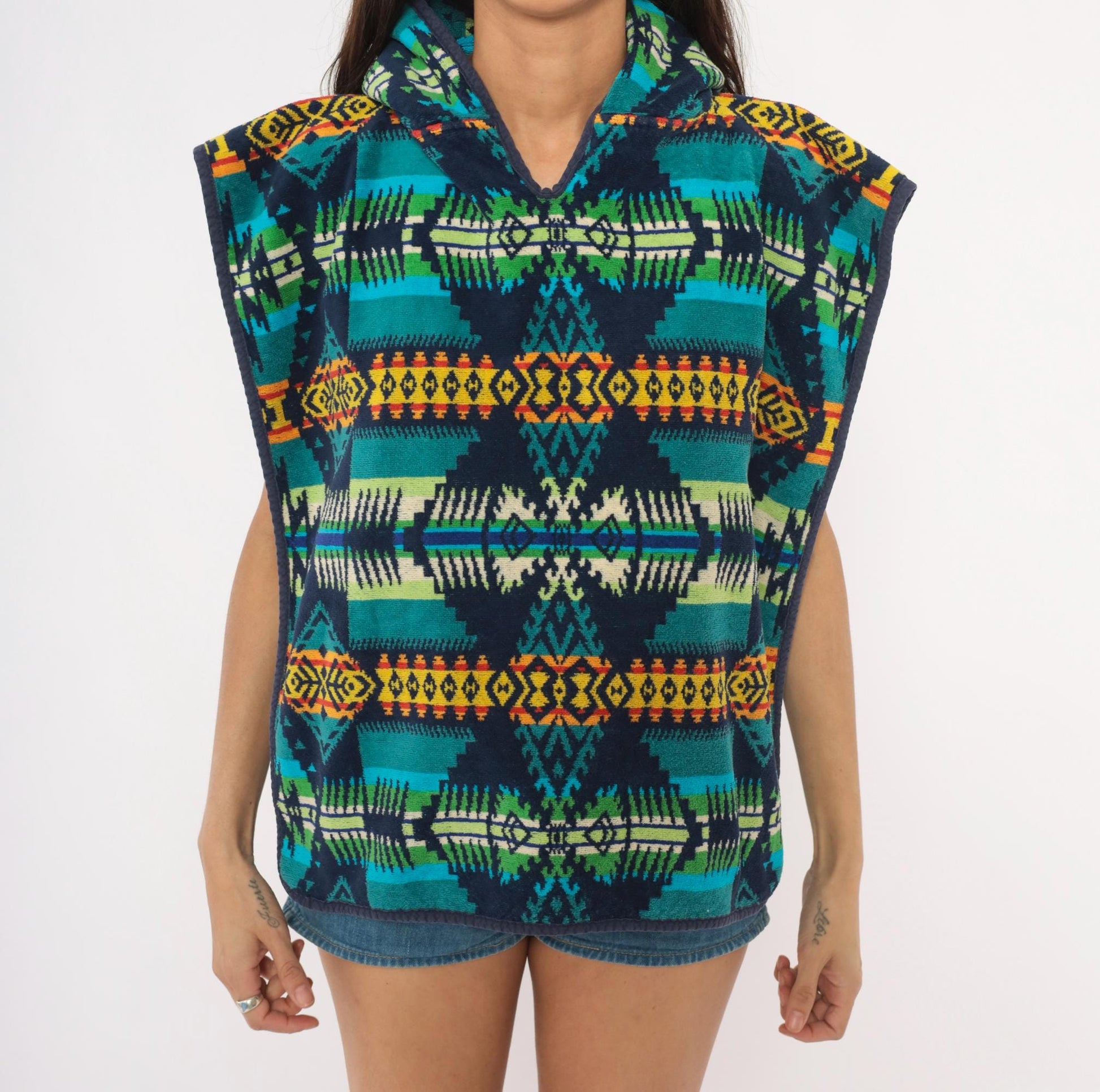 90s Pendleton Hooded Poncho Southwestern Geometric Print Cotton Small Medium