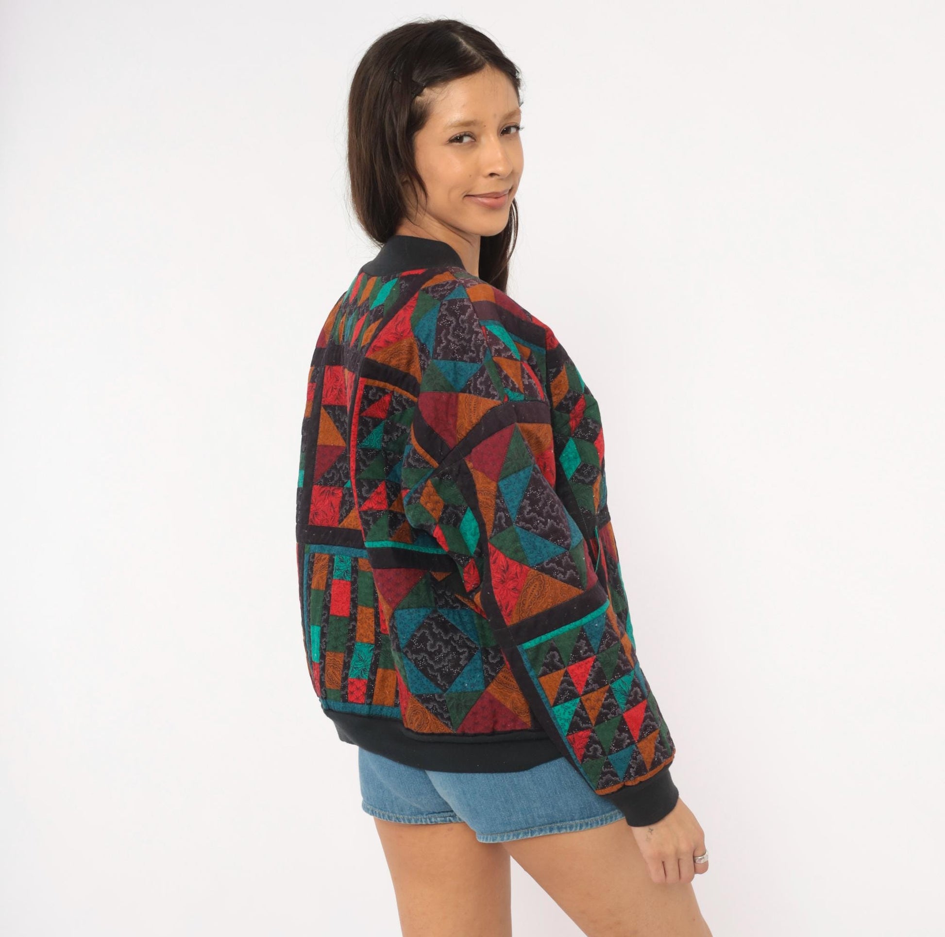 90s Quilted Patchwork Bomber Jacket Geometric Star Block Cotton Multicolor Large L