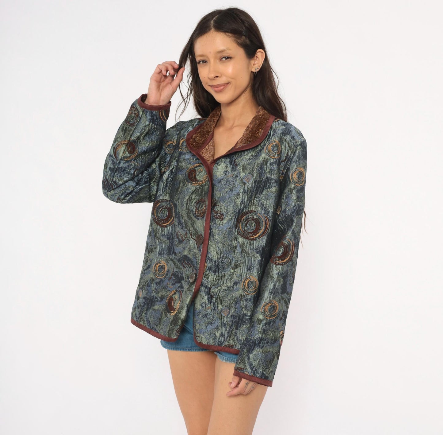 2000s Yak Magik Tapestry Blazer Woven Spiral Jacquard Blue Green Brown Extra Large XXL