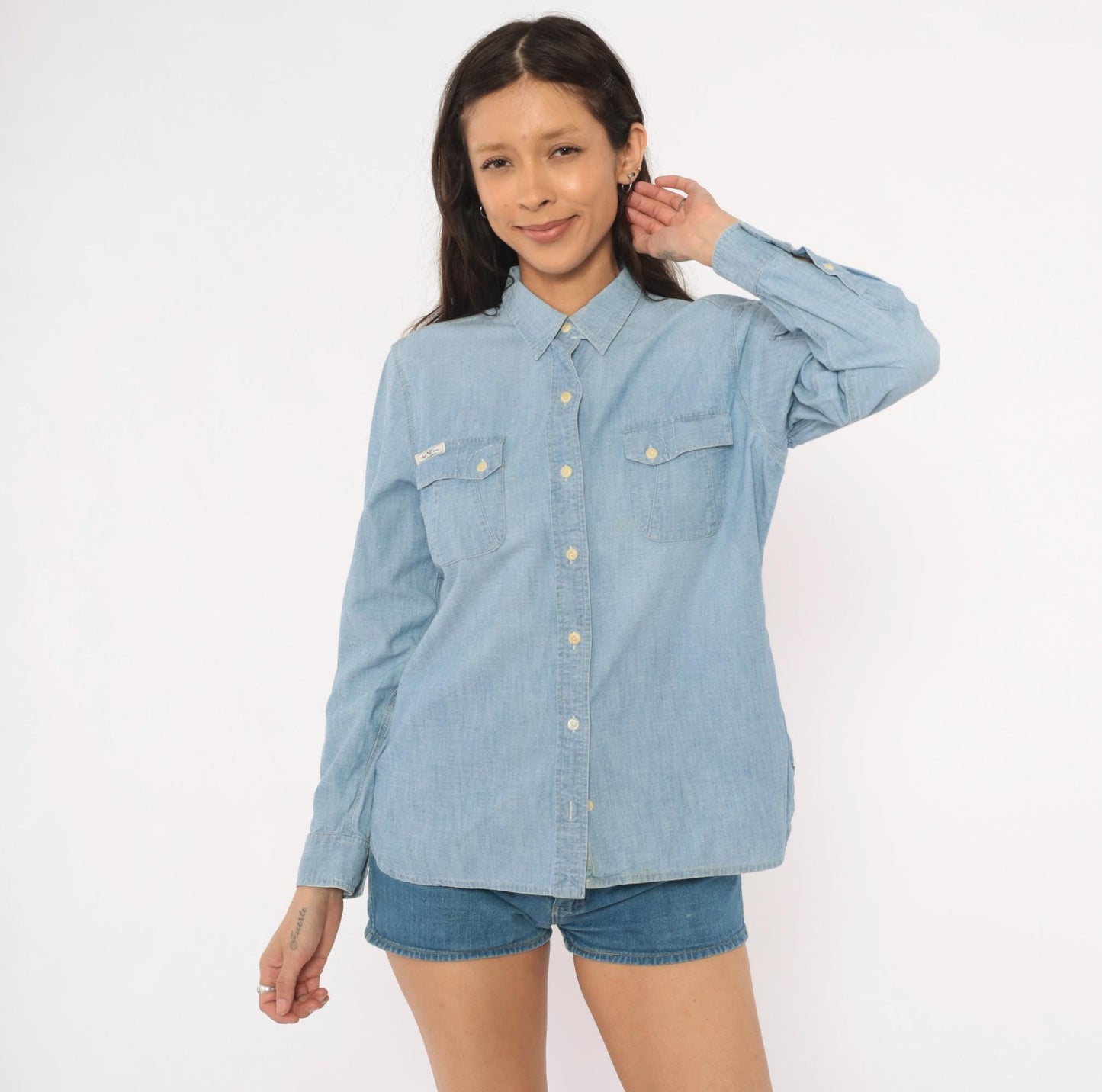 90s Ralph Lauren Jeans Co Chambray Button-Up Shirt Light Blue Cotton Long Sleeve Large L