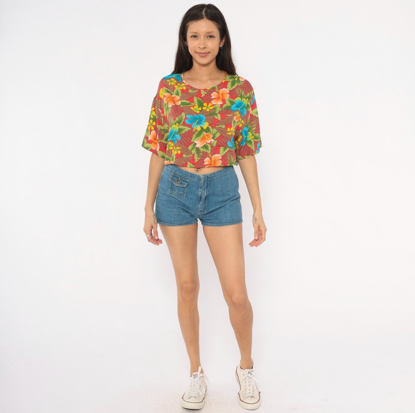 90s California Krush Tropical Hibiscus Crop Top Red Blue Green Medium M