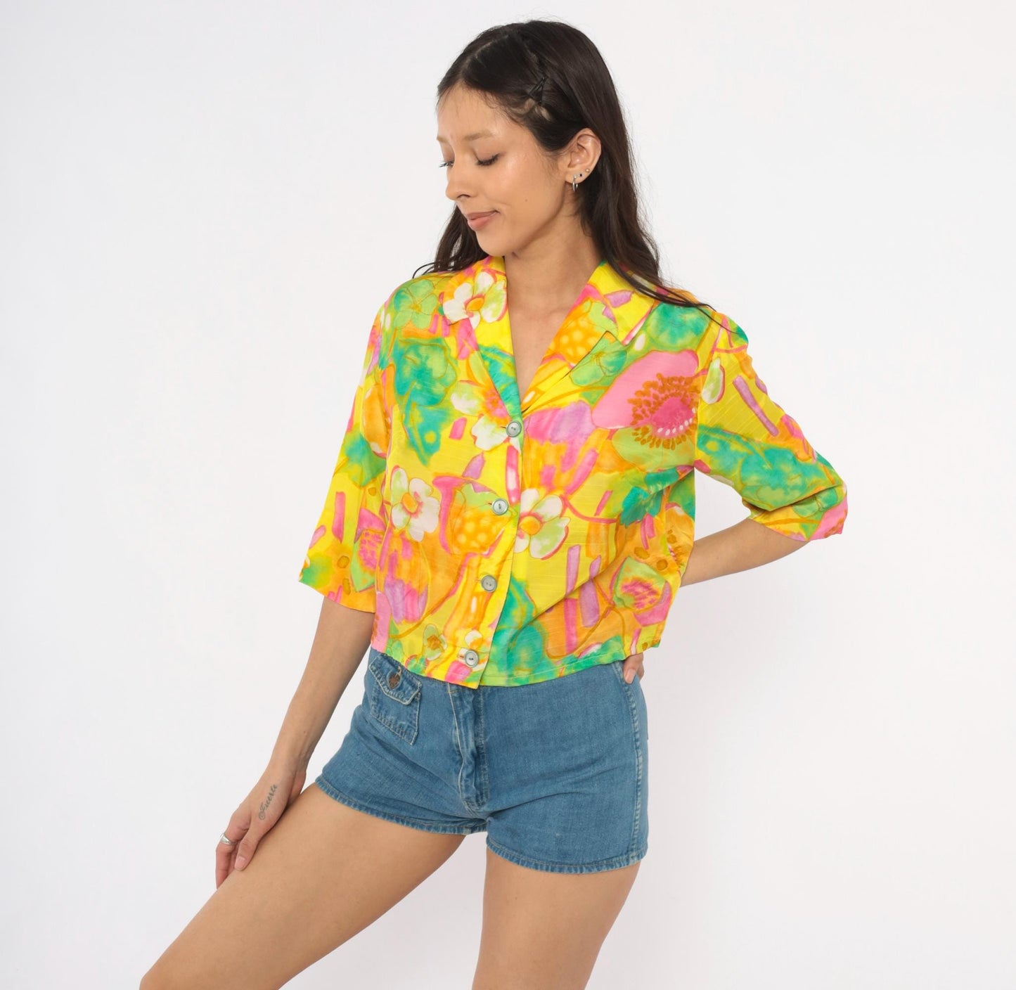 70s Alice Watercolor Floral Button Blouse Yellow Pink Green Small Medium