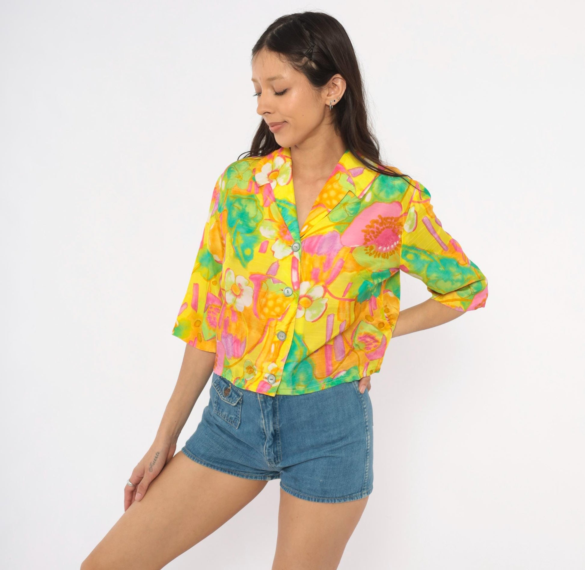 70s Alice Watercolor Floral Button Blouse Yellow Pink Green Small Medium