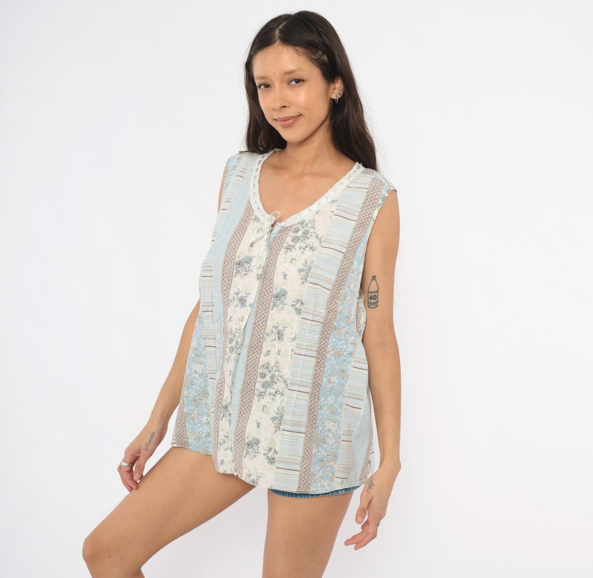 Y2K Fashion Bug Patchwork Floral Tank Top Lace Trim Bow Blue Cream Striped Extra Large XXL