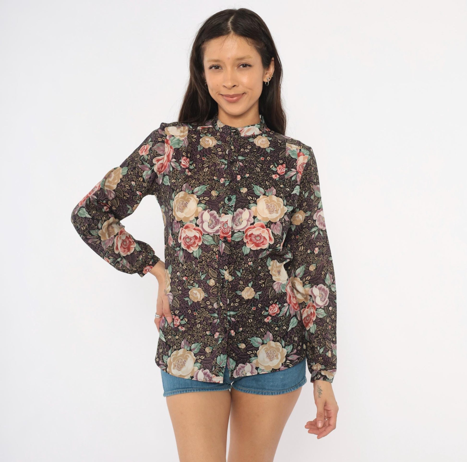 80s Elles Belles Floral Blouse Puff Shoulder Rose Print Plum Medium