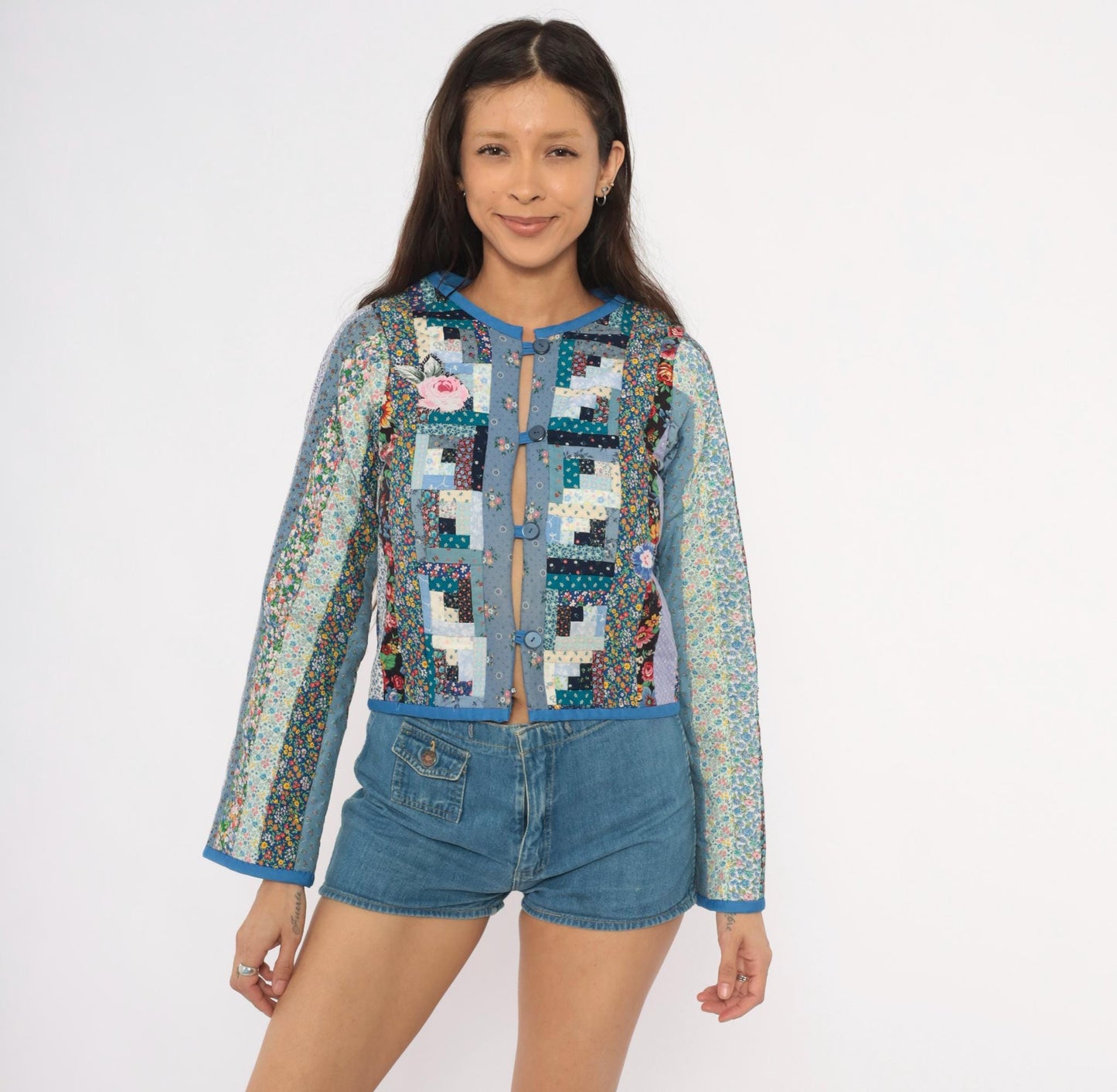 90s Calico Patchwork Quilted Jacket Log Cabin Floral Cotton Blue Navy Extra Small XS