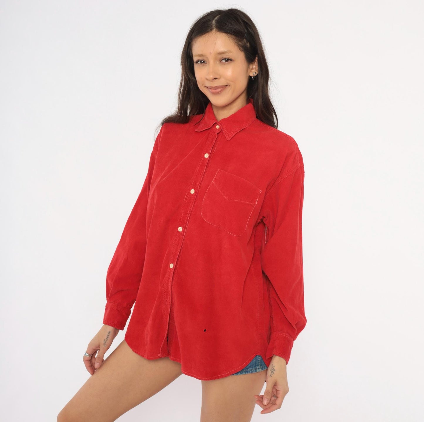 90s 2 of Us Red Corduroy Button-Front Shirt Cotton Long Sleeve Medium M