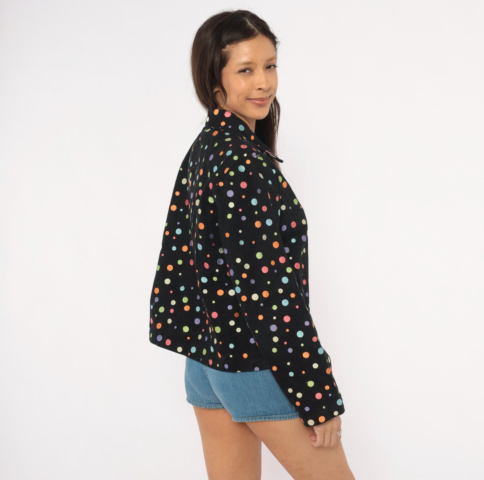 2000s Carrie Allen Polka Dot Cotton Jacket Black Multicolor Button Front Cropped Extra Large