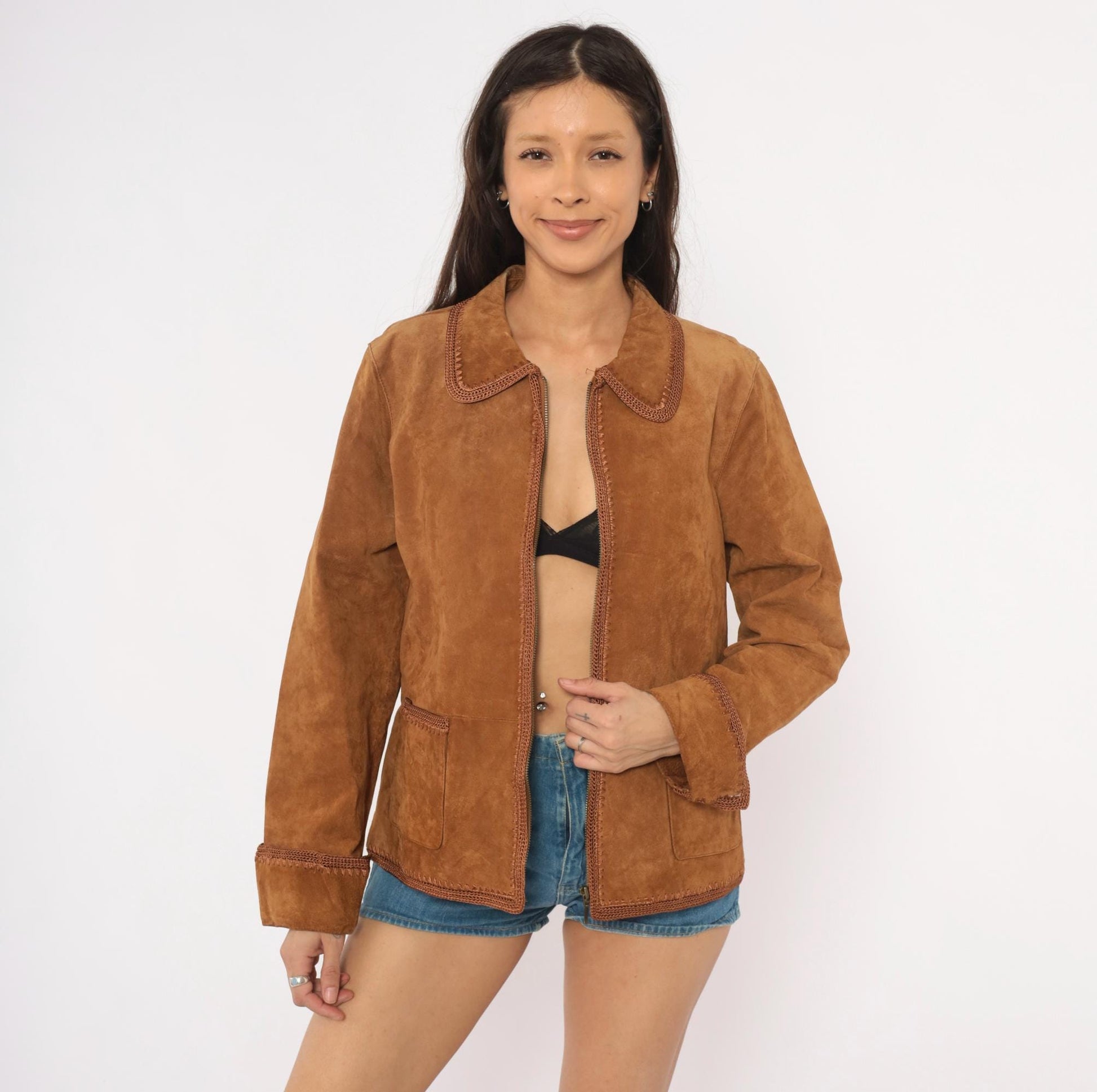 2000s Christopher & Banks Suede Jacket Brown Crochet Trim Zip Collared Large L