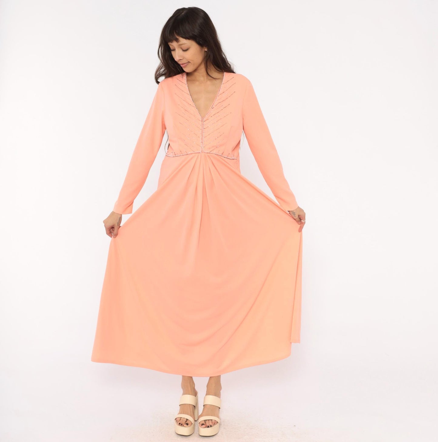 70s Peach Maxi Dress Empire Waist V Neck Beaded Chevron Rhinestone Extra Large