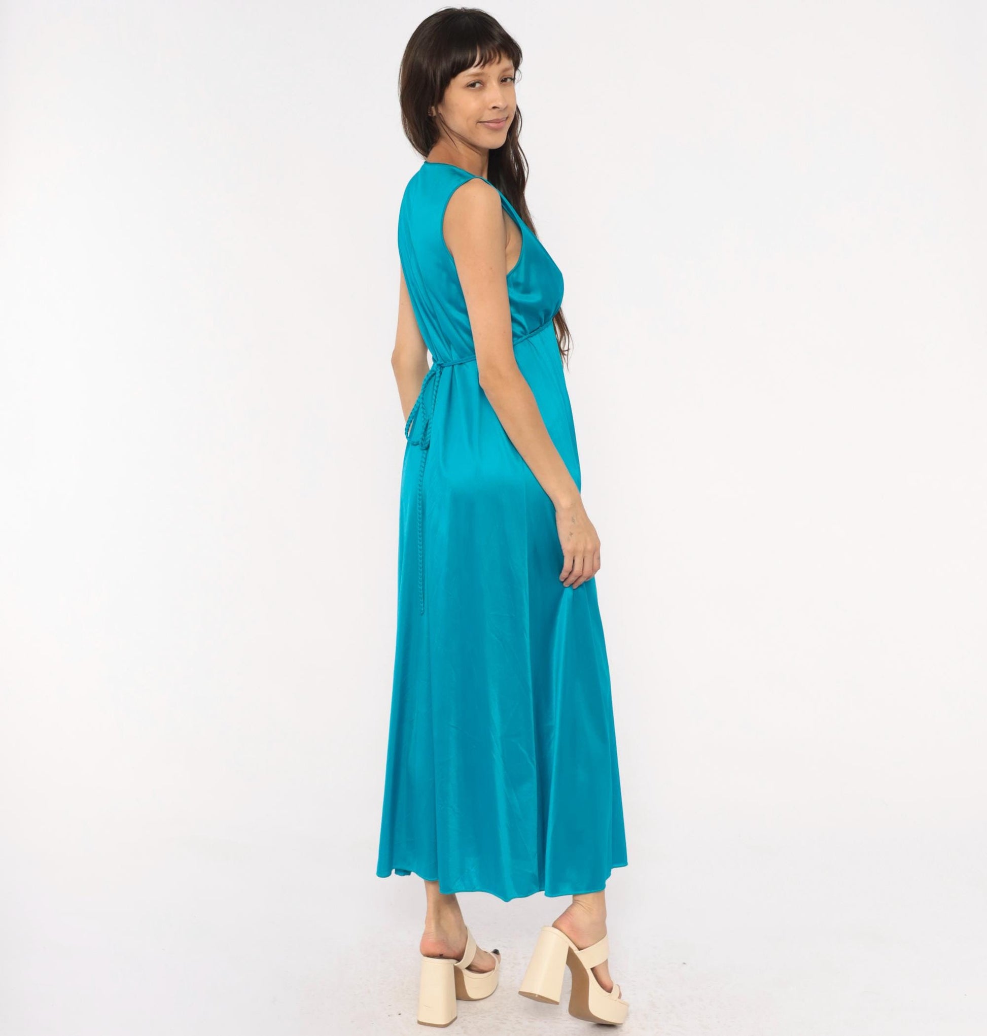 70s Teal Grecian Maxi Dress Deep V Neck Empire Waist Nylon Large L