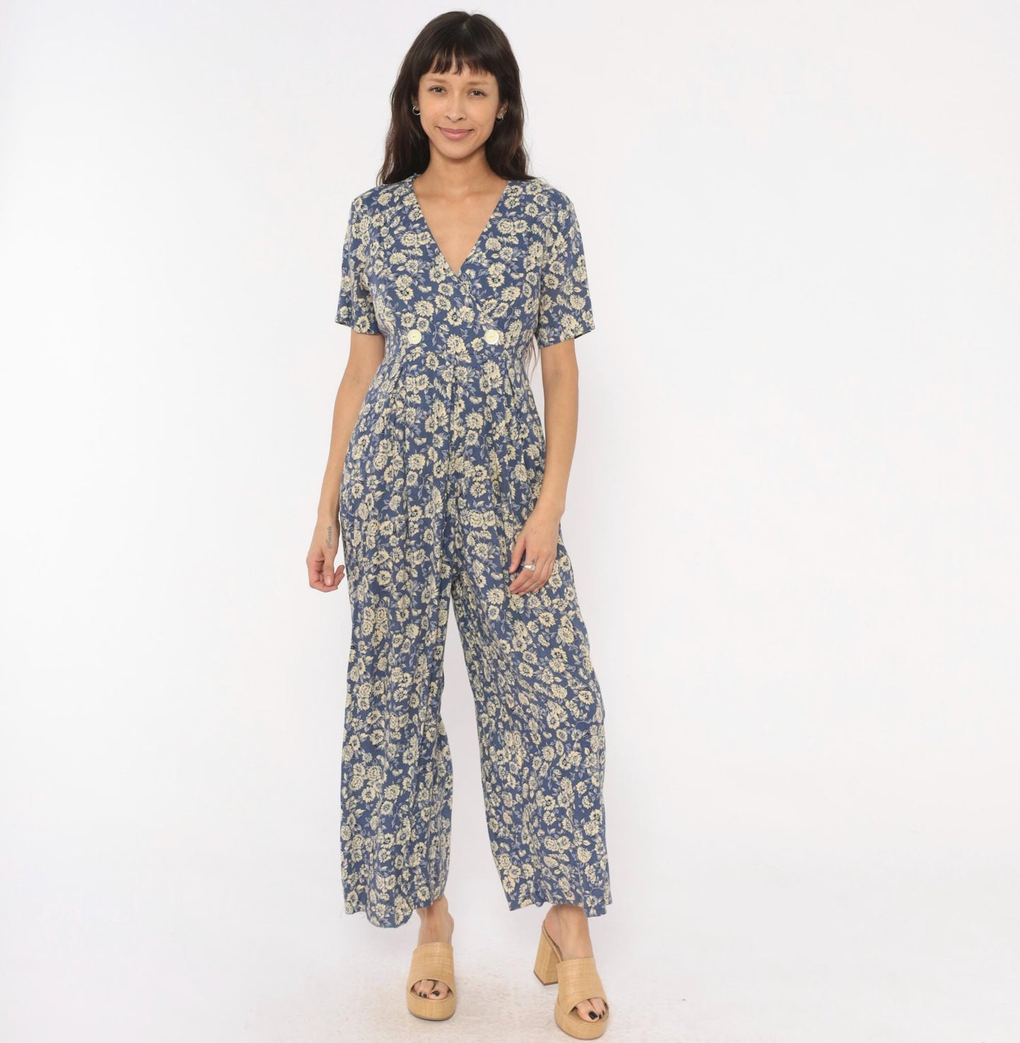 90s Jeffrey & Dara Floral Jumpsuit Cobalt Blue Wide Leg Wrap V Neck Medium M