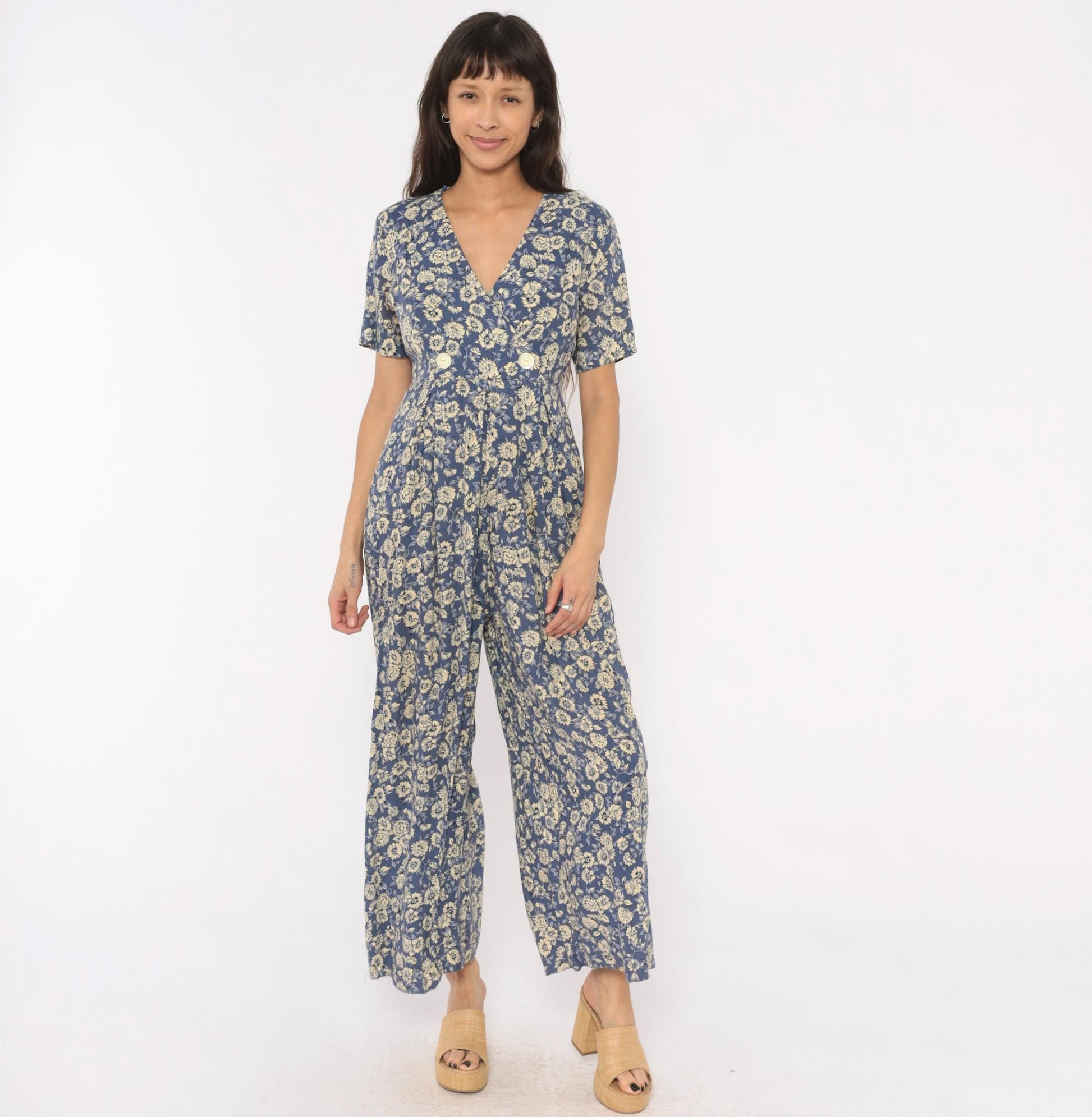 90s Jeffrey & Dara Floral Jumpsuit Cobalt Blue Wide Leg Wrap V Neck Medium M