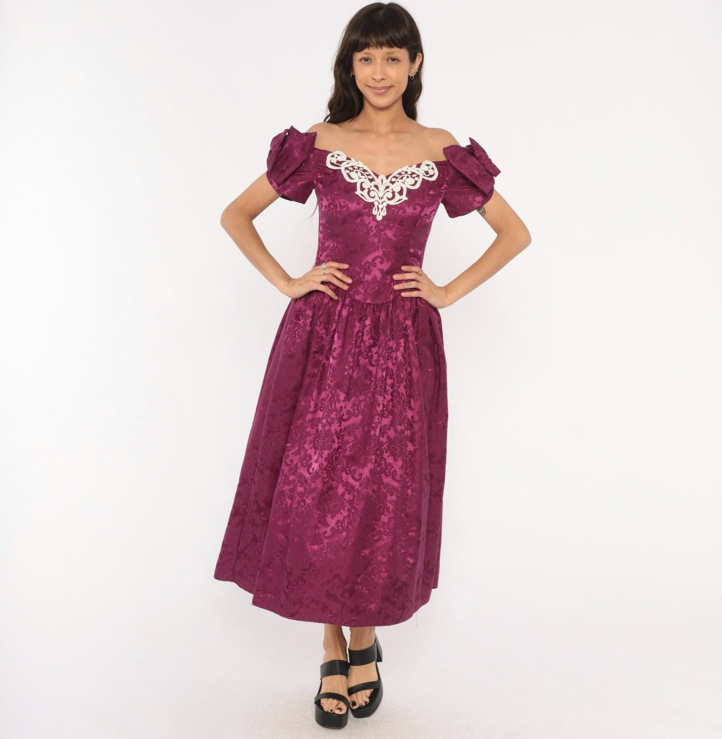 Jessica McClintock 80s Plum Brocade Puff Sleeve Gown Small