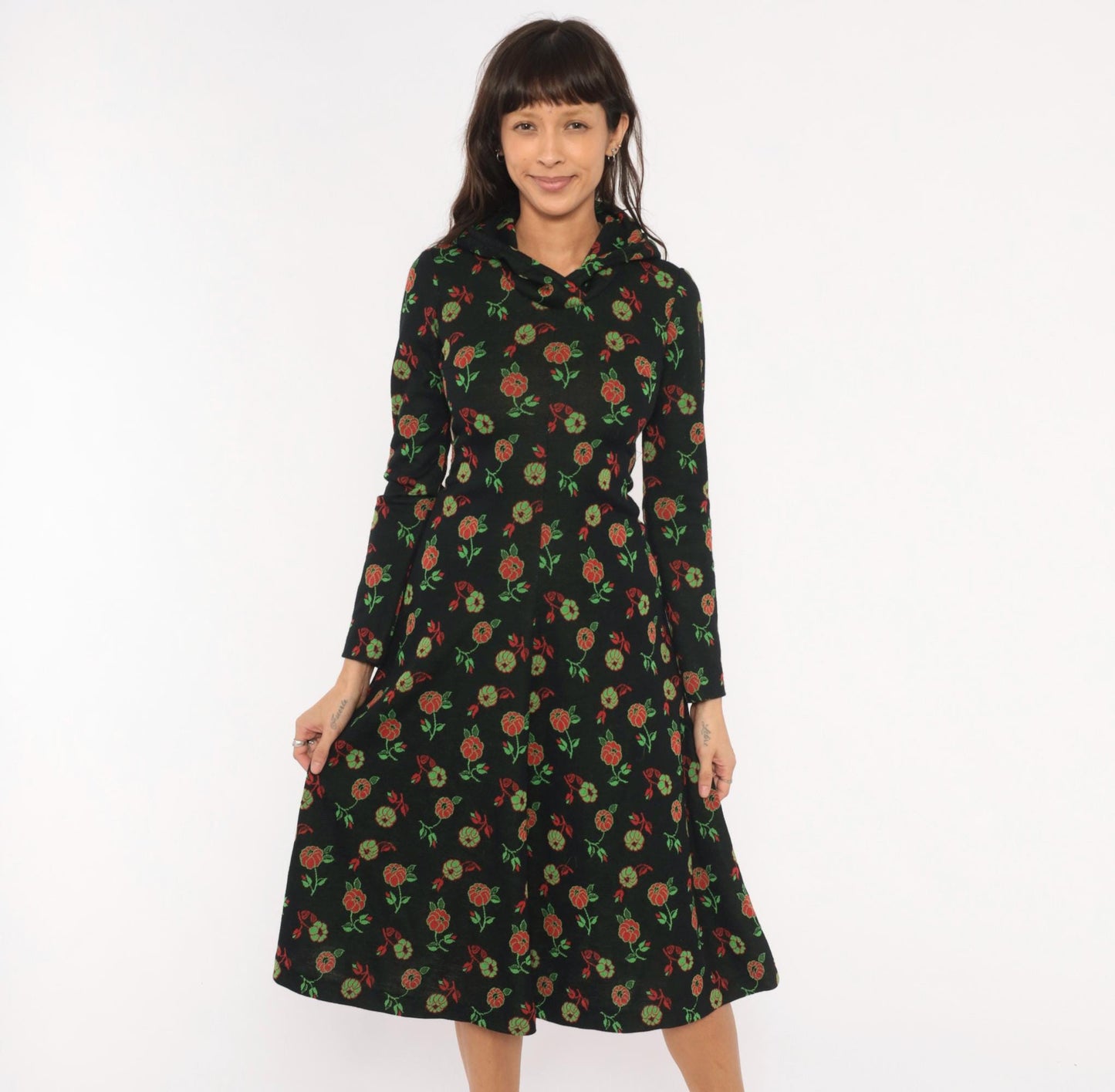 70s Black Hooded Midi Dress Red Rose Floral Print Long Sleeve Extra Small