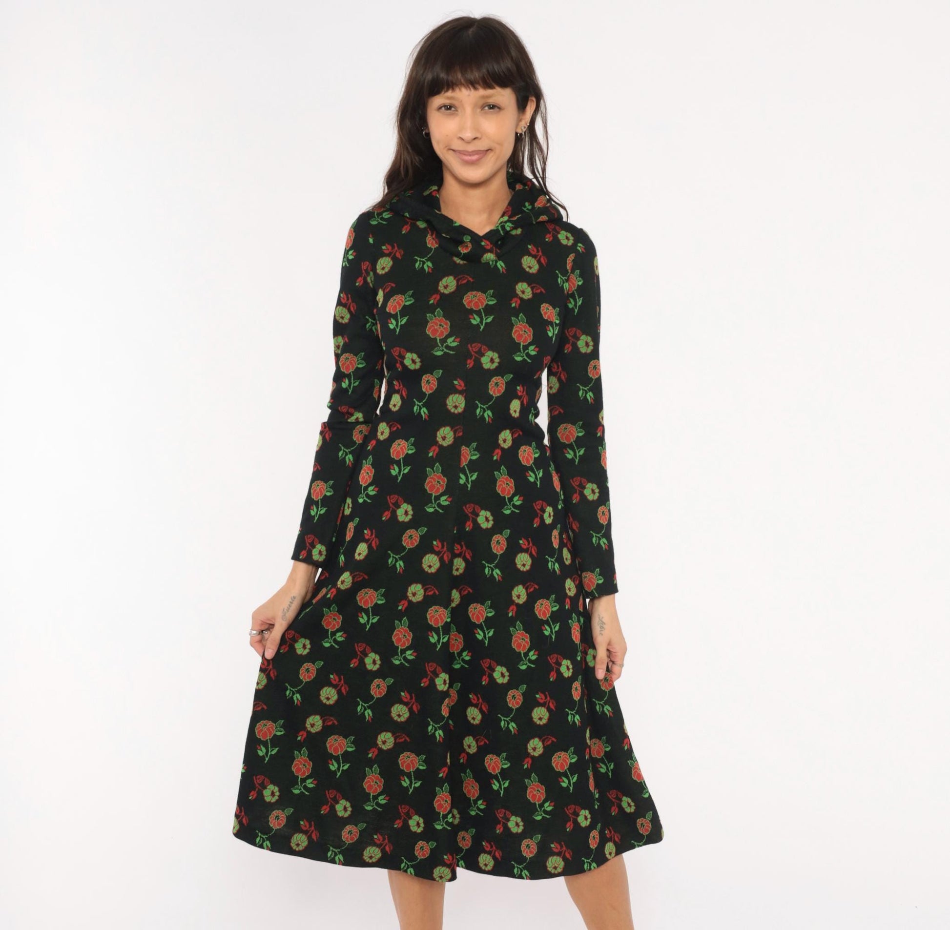 70s Black Hooded Midi Dress Red Rose Floral Print Long Sleeve Extra Small