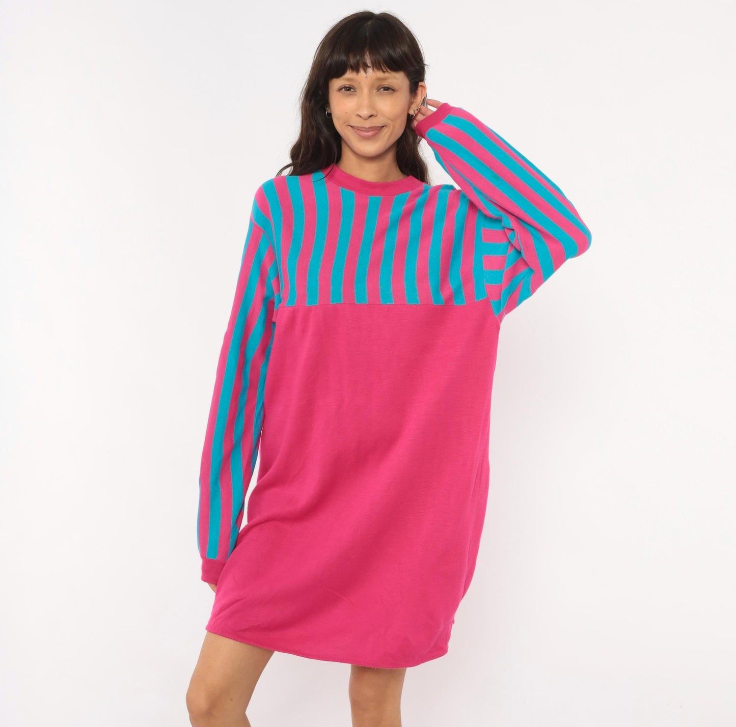 80s Sleep Mates Striped Sweatshirt Dress Hot Pink Teal Knee-Length Small