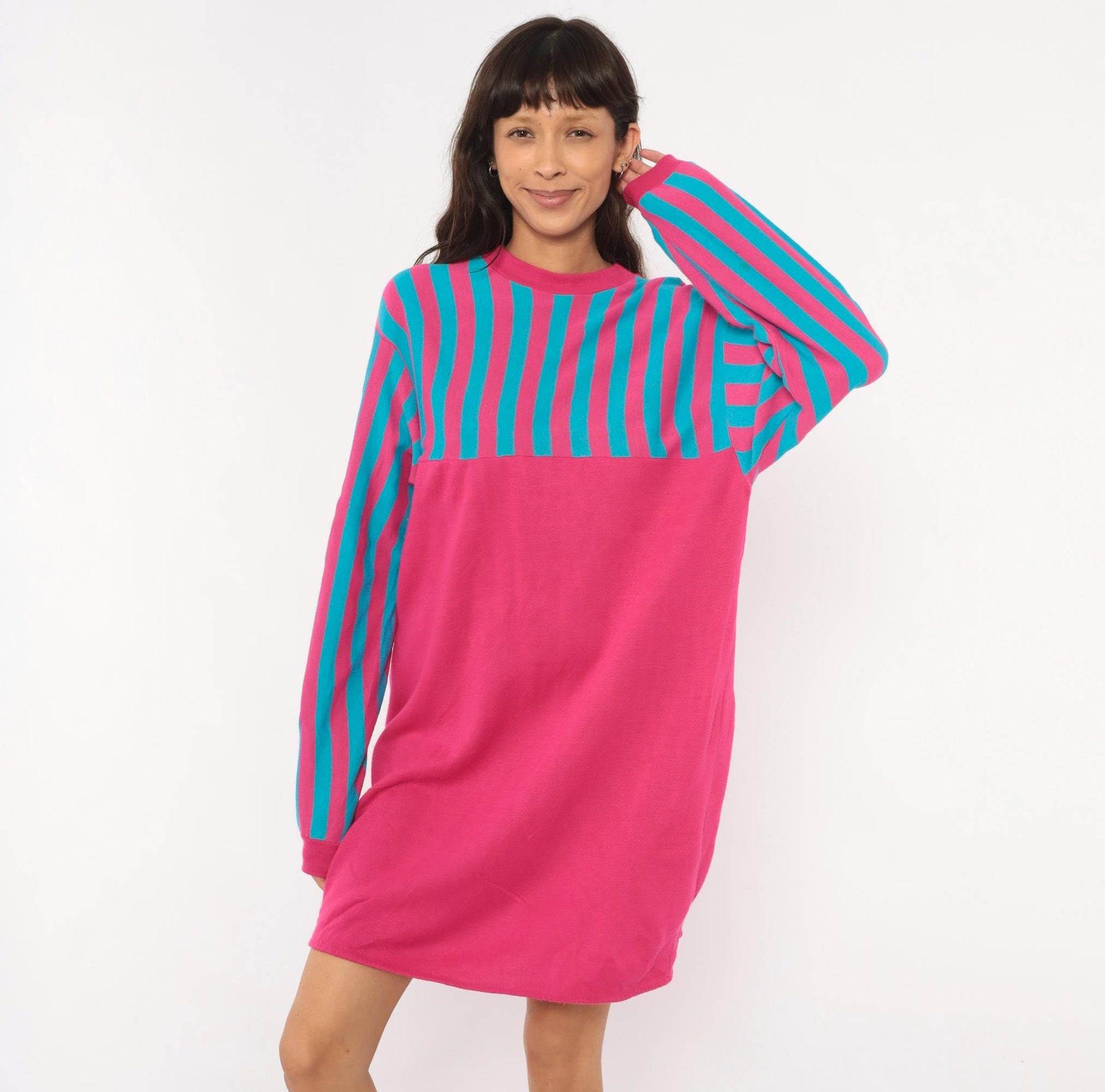 80s Sleep Mates Striped Sweatshirt Dress Hot Pink Teal Knee-Length Small