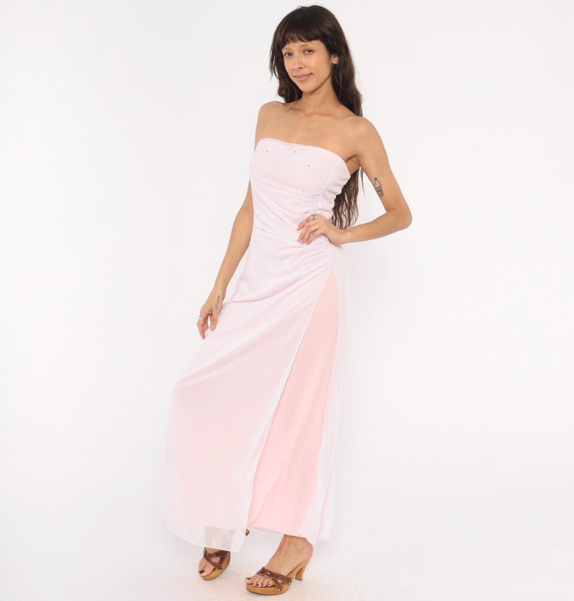 Y2K Baby Pink Strapless Maxi Gown Rhinestone Sweetheart Neckline Large L