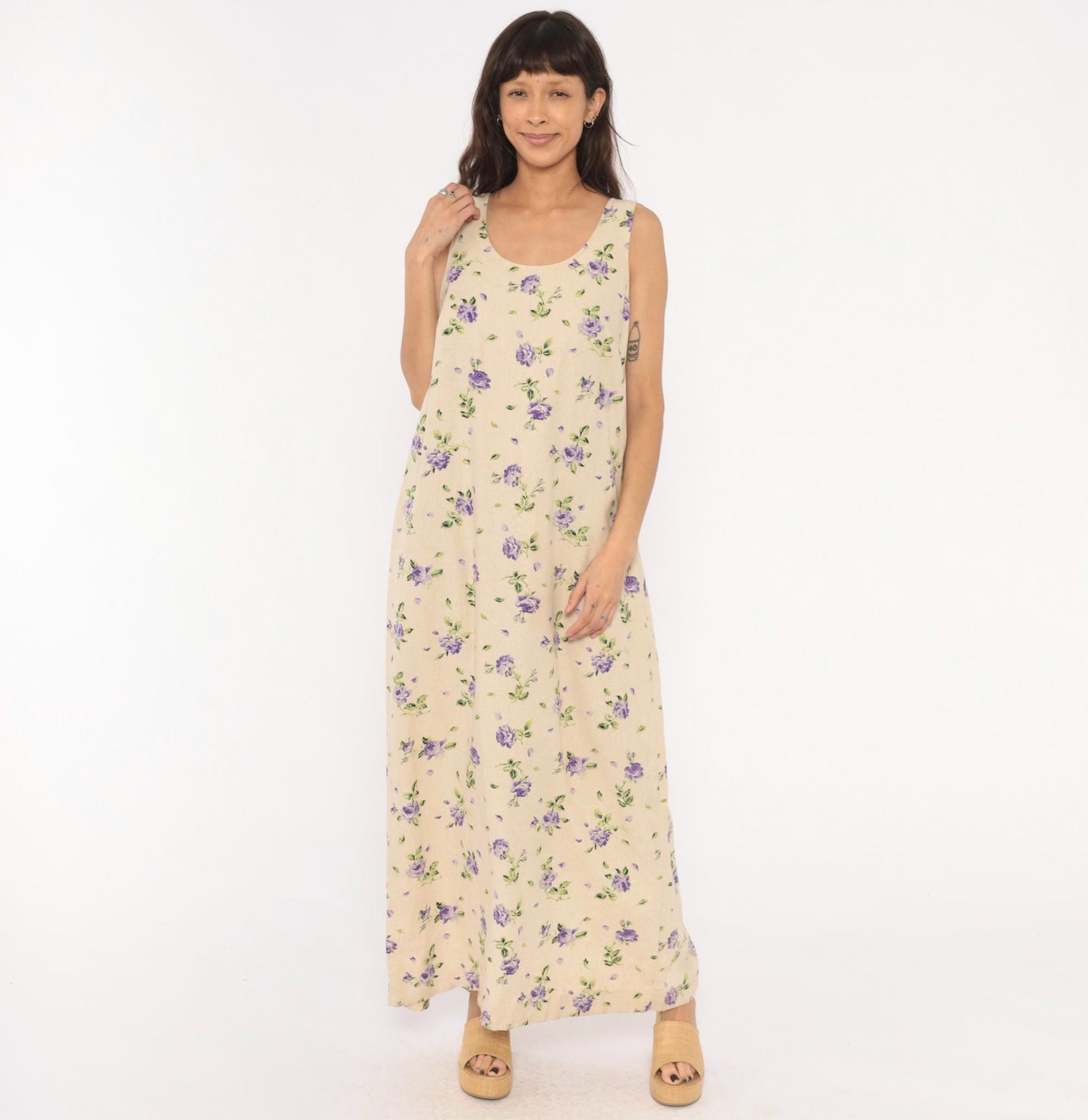90s Liz Baker Floral Linen Maxi Dress Purple Rose Cream Tank Sleeveless Extra Large XXL