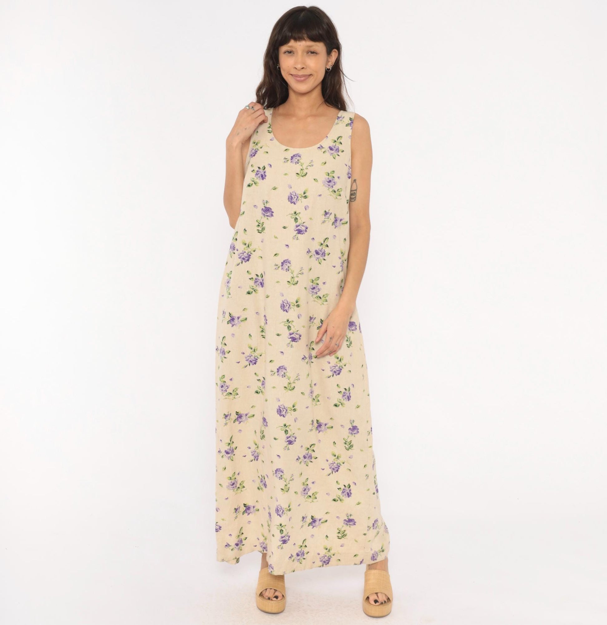90s Liz Baker Floral Linen Maxi Dress Purple Rose Cream Tank Sleeveless Extra Large XXL