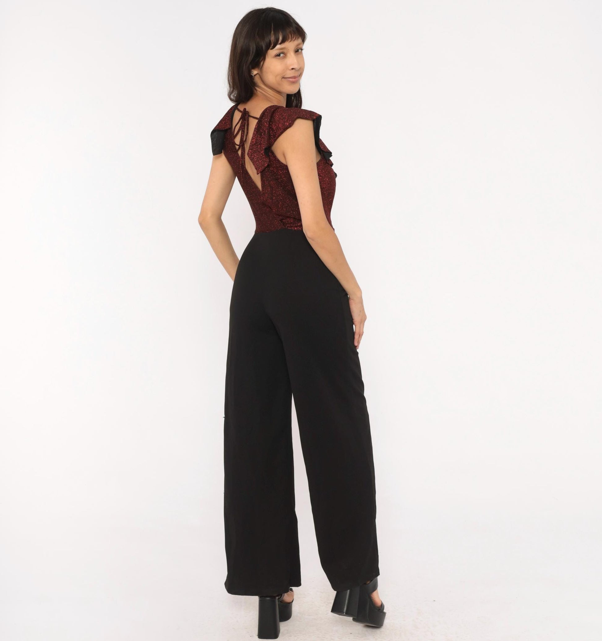 2000s Crece Jumpsuit Black Burgundy Glitter Ruffle Deep V Wide Leg Medium M