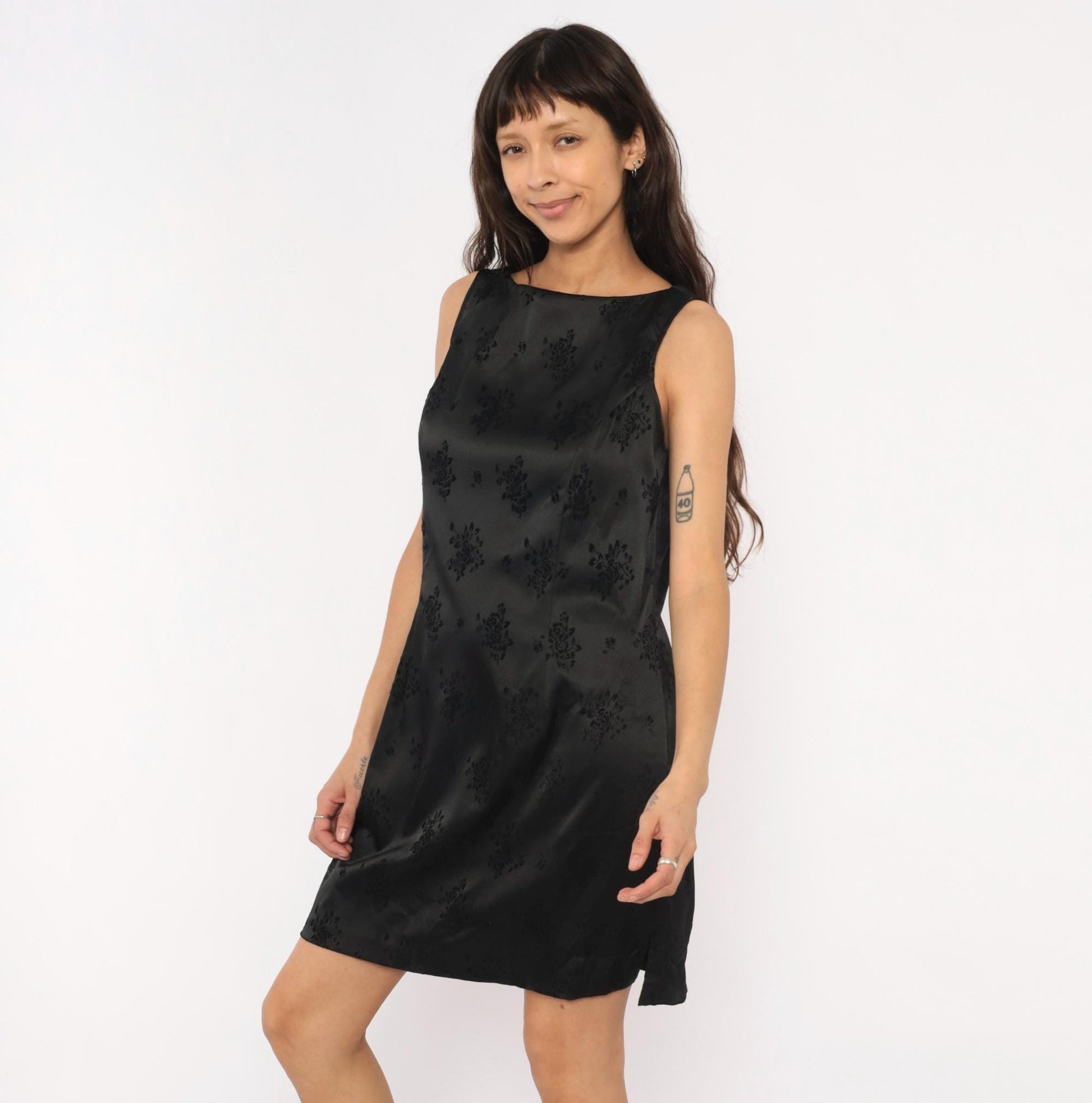 90s City Triangles Black Damask Floral Jacquard Mini Dress Boat Neck Large L