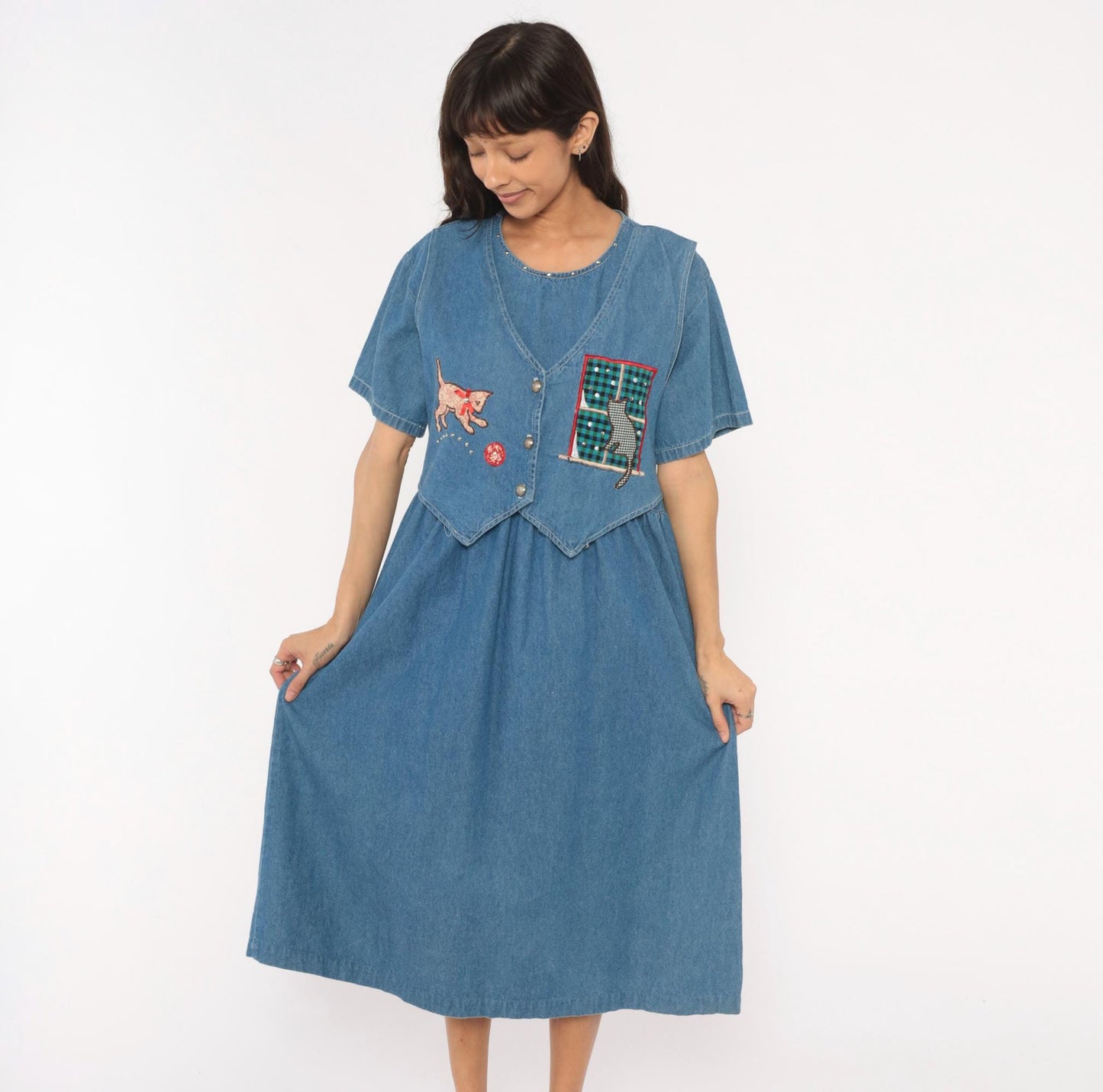 90s Miss & Mrs Cat Denim Midi Dress Patchwork Kitten Window V-Neck Cotton Large L